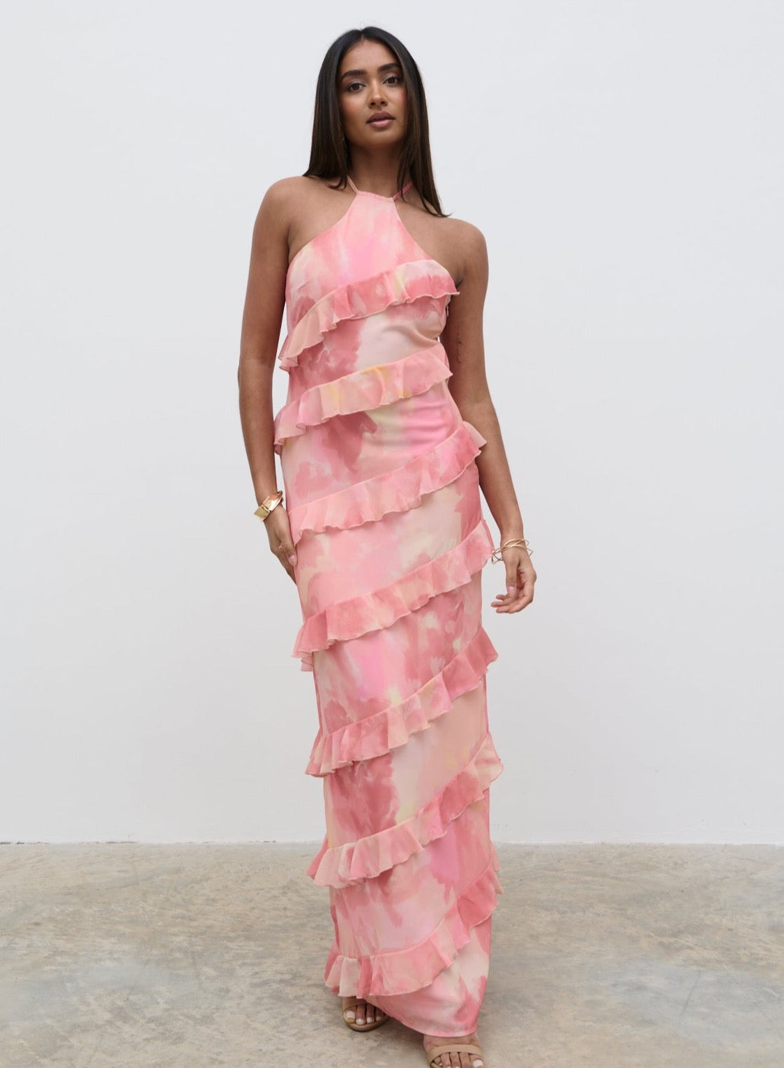 Katy Ruffle Maxi Dress - Dusky Rose Watercolour