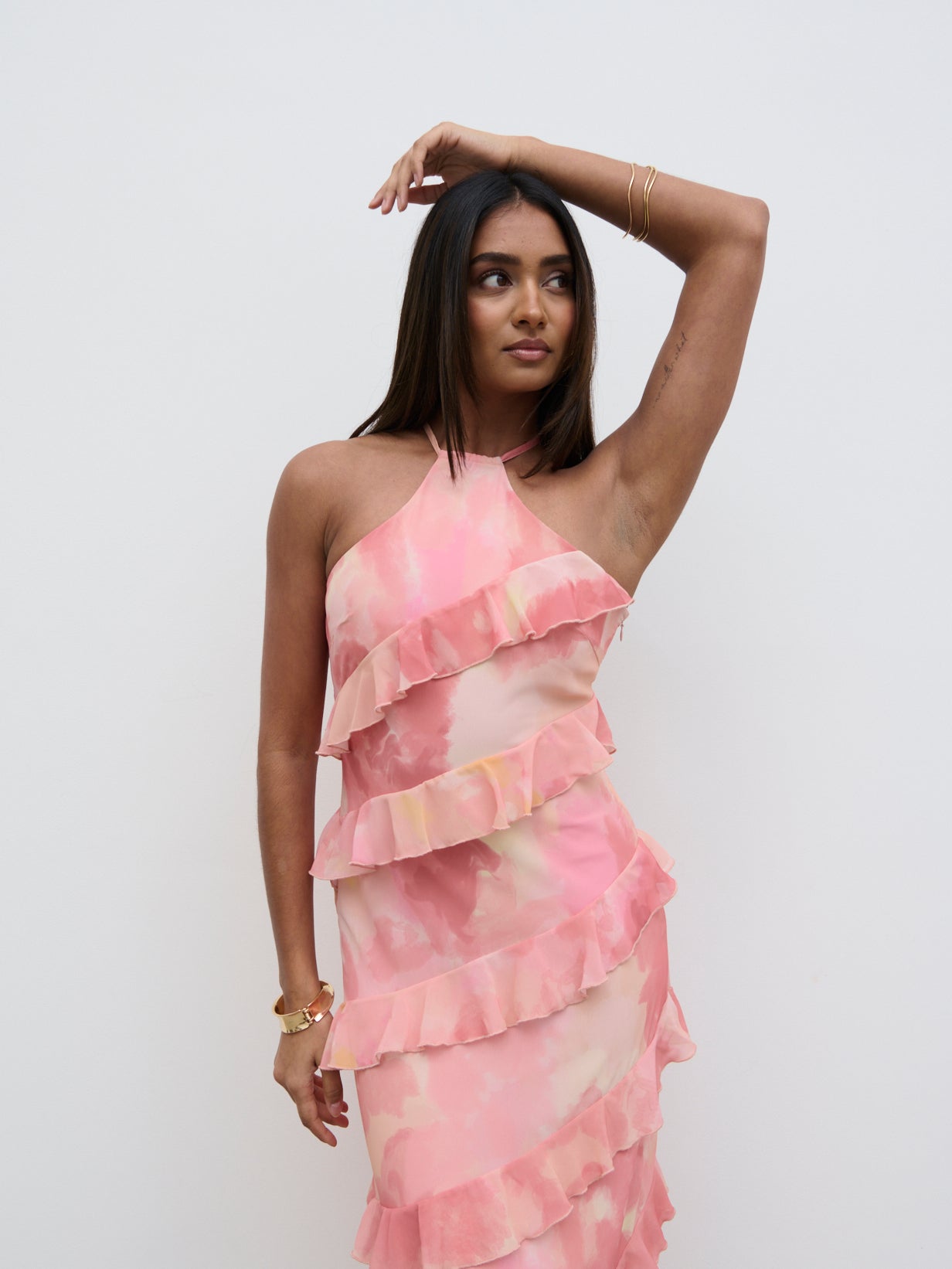 Katy Ruffle Maxi Dress - Dusky Rose Watercolour