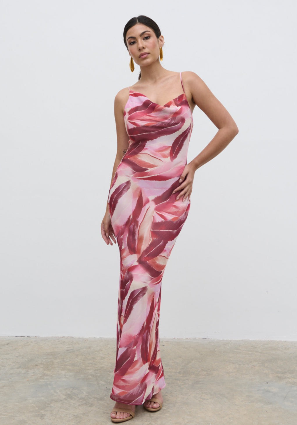 Keisha Asymmetric Cowl Maxi Dress - Feather Print