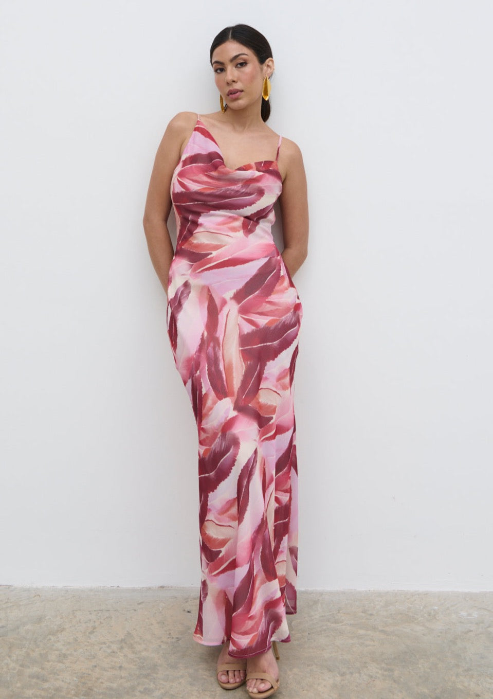 Keisha Asymmetric Cowl Maxi Dress - Feather Print