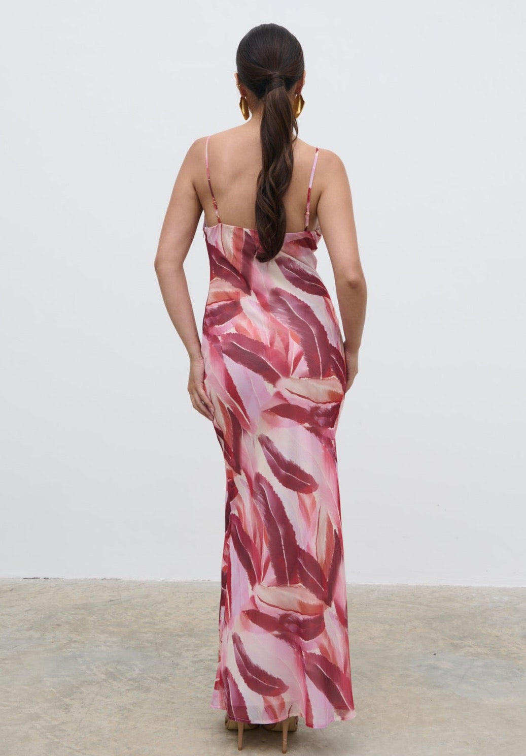 Keisha Asymmetric Cowl Maxi Dress - Feather Print