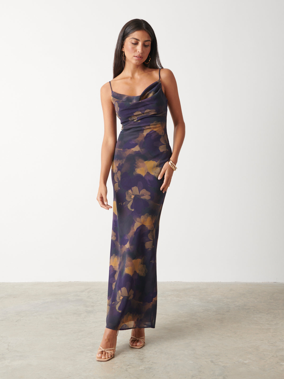 Keisha Printed Chiffon Maxi Dress - Dark Amethyst & Saffron Floral
