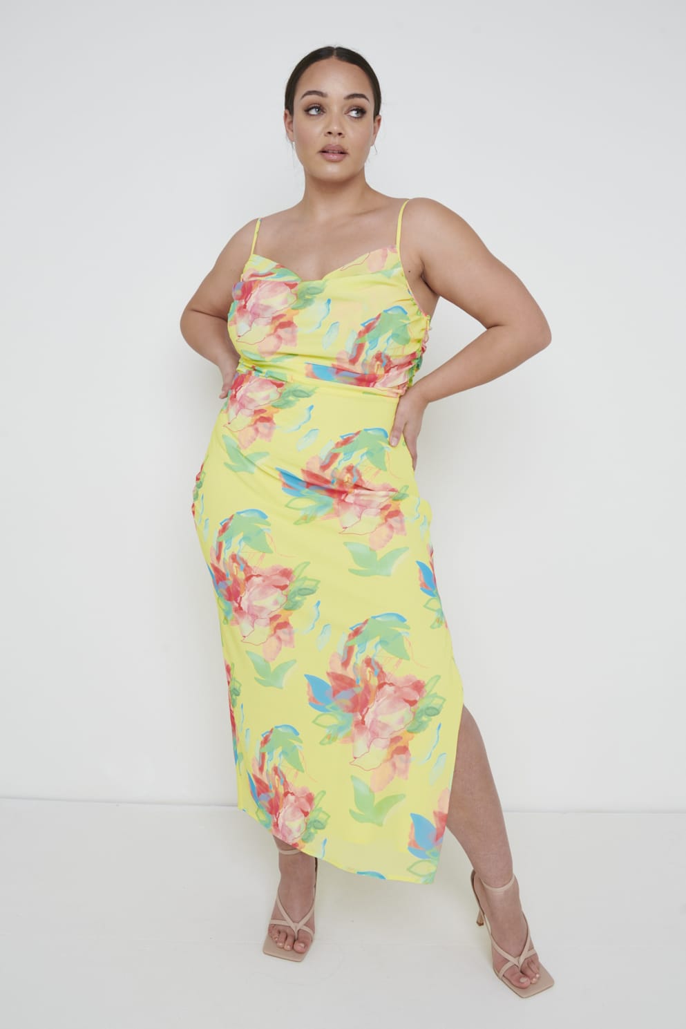 Keisha Ruched Midaxi Dress Curve Lemon Abstract Floral