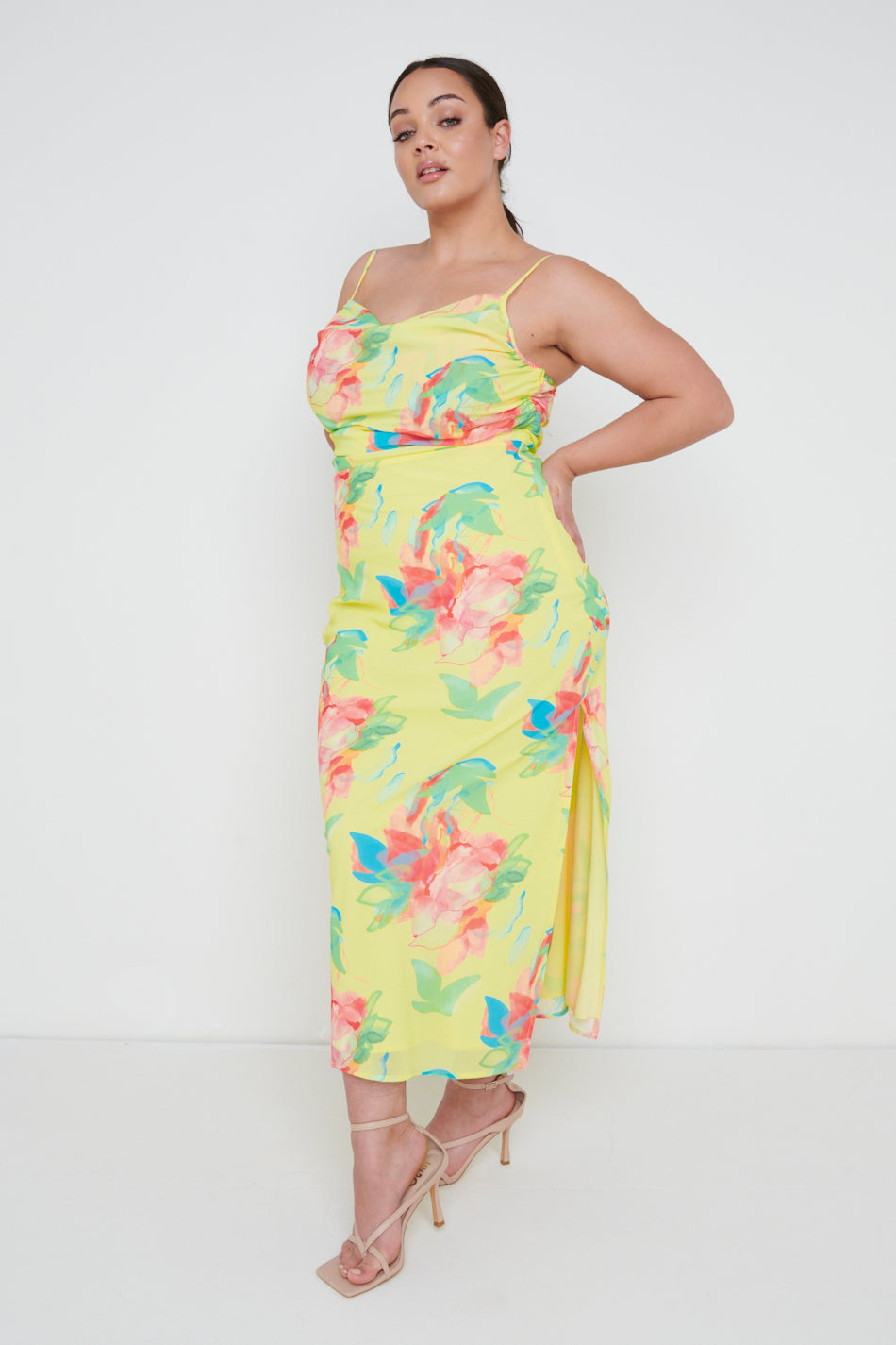 Keisha Ruched Midaxi Dress Curve - Lemon Abstract Floral