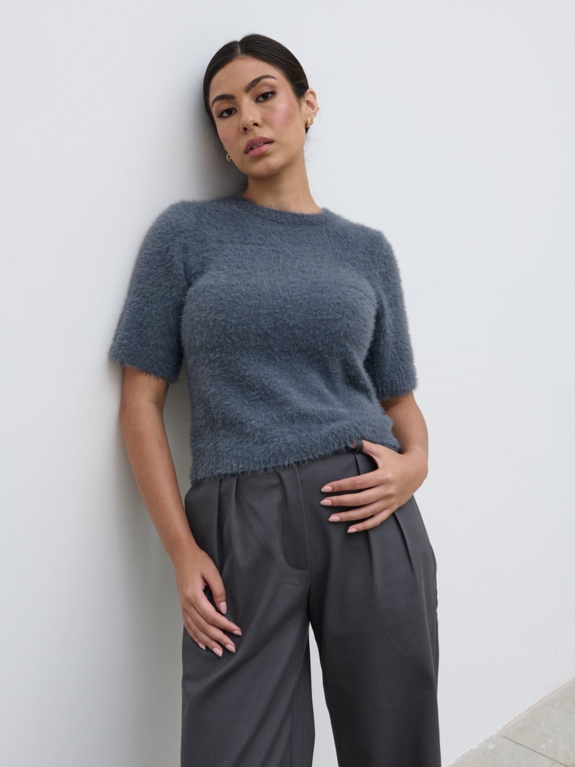 Kelly Cropped Fluffy Knit T-Shirt - Charcoal