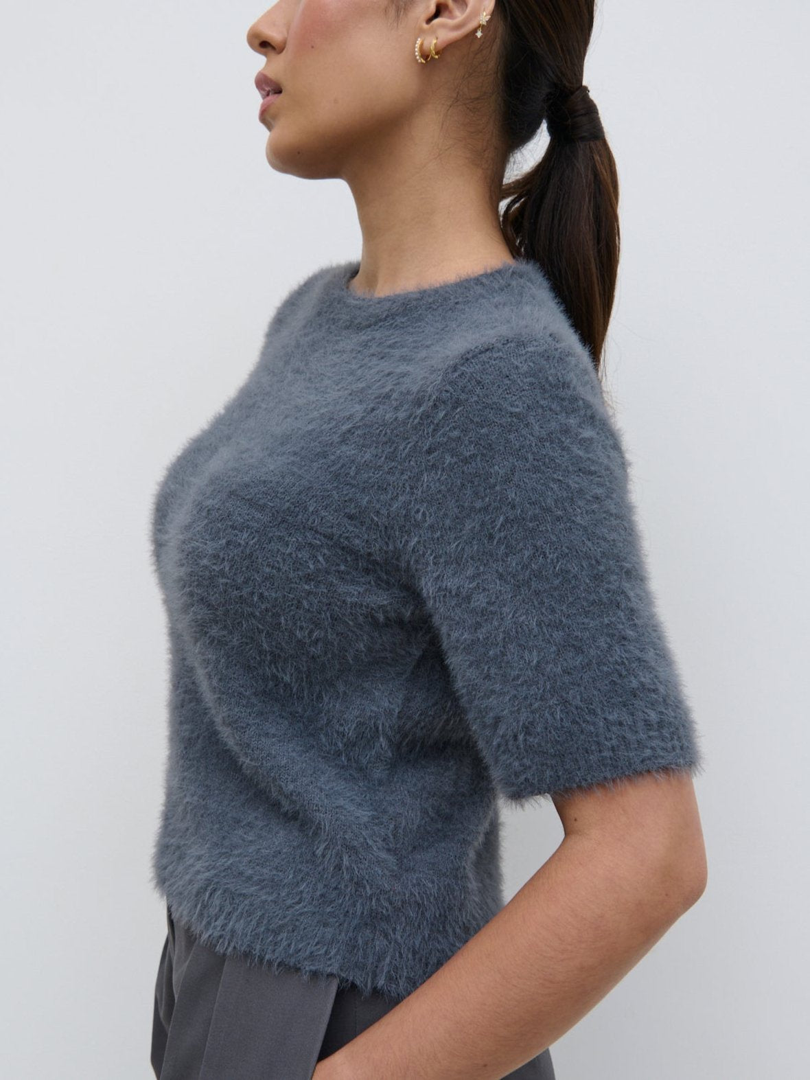 Kelly Cropped Fluffy Knit T-Shirt - Charcoal