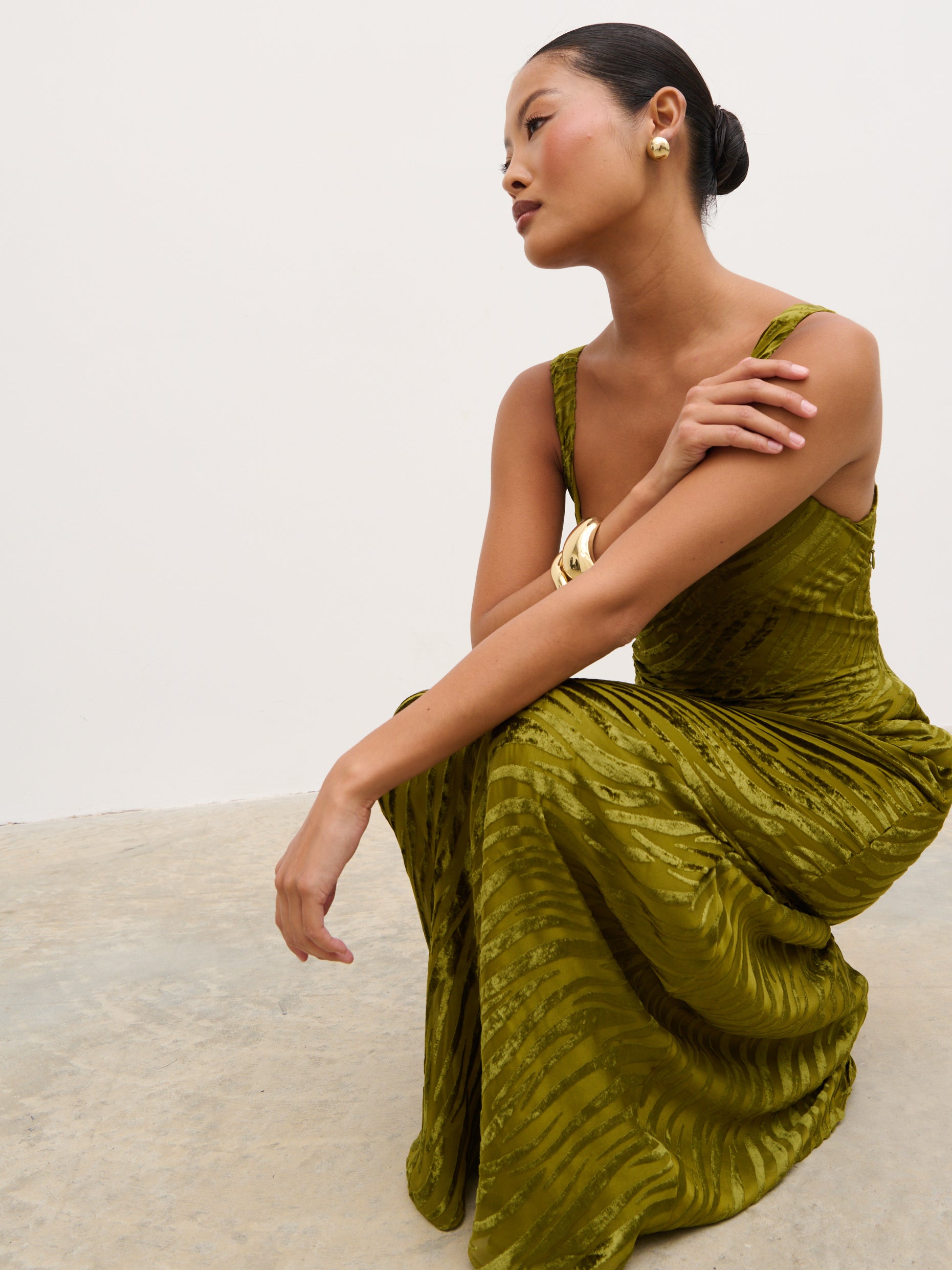 tarragon green dress Sascha Frill Detail Knit Midaxi Dress