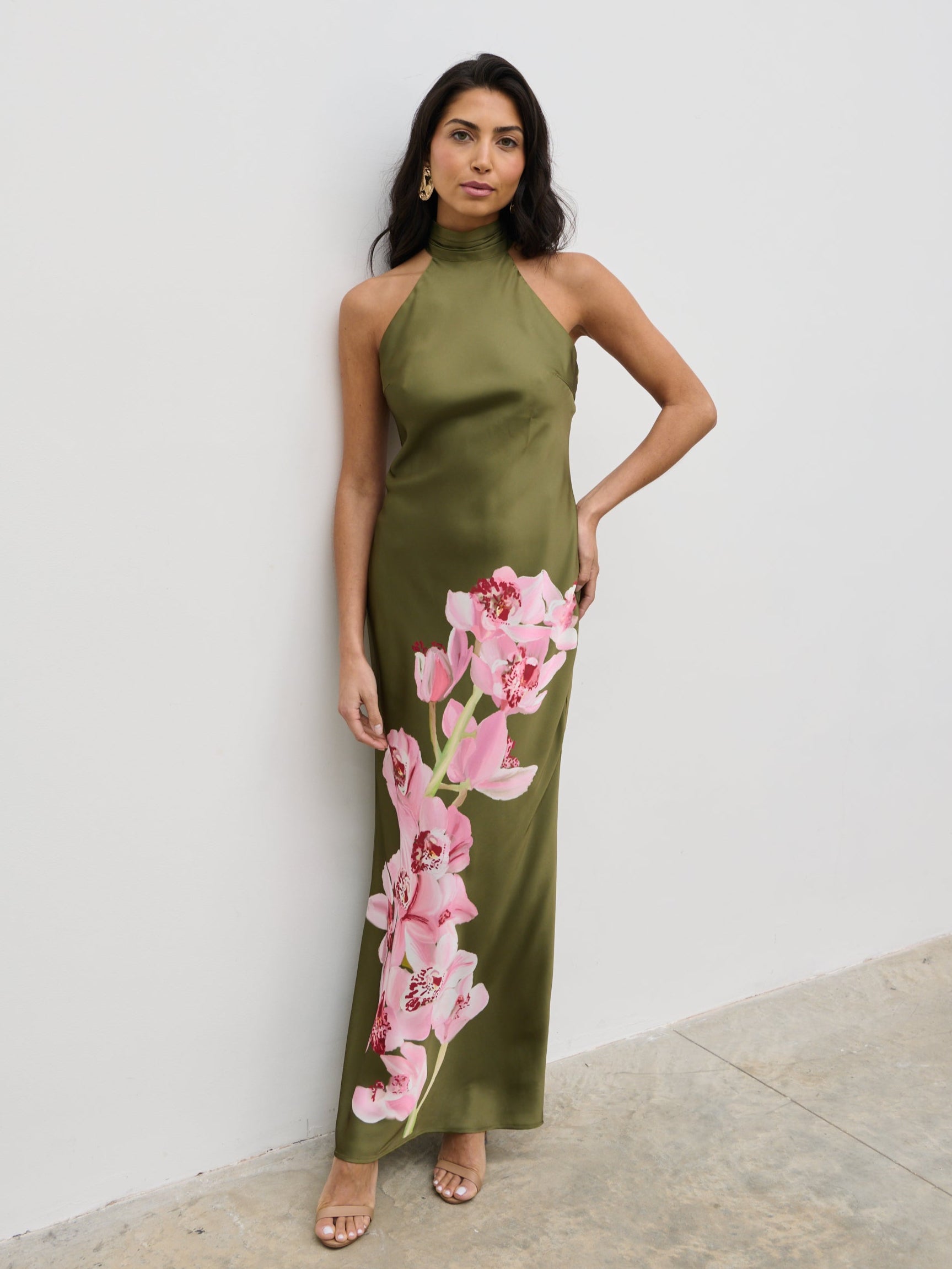 Kiara Halterneck Maxi Dress Olive and Pink Floral – Pretty Lavish