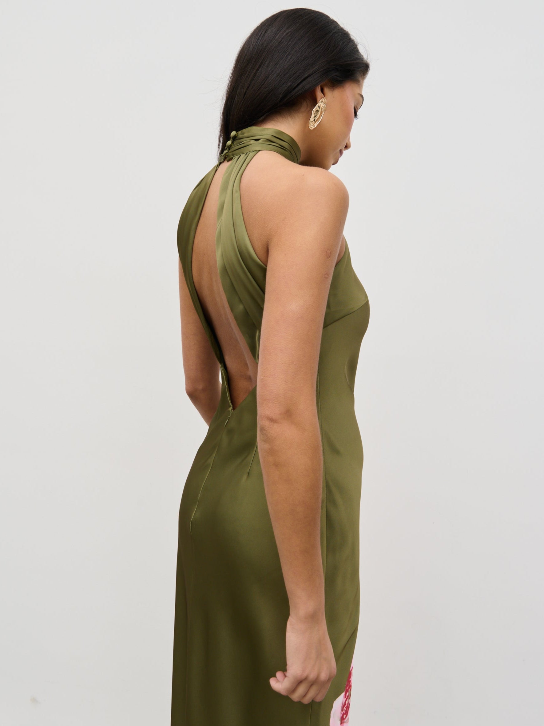 Kiara Halterneck Maxi Dress - Olive and Pink Floral Pretty Lavish Kiara Halterneck Maxi Dress - Olive and Pink Floral Pretty Lavish