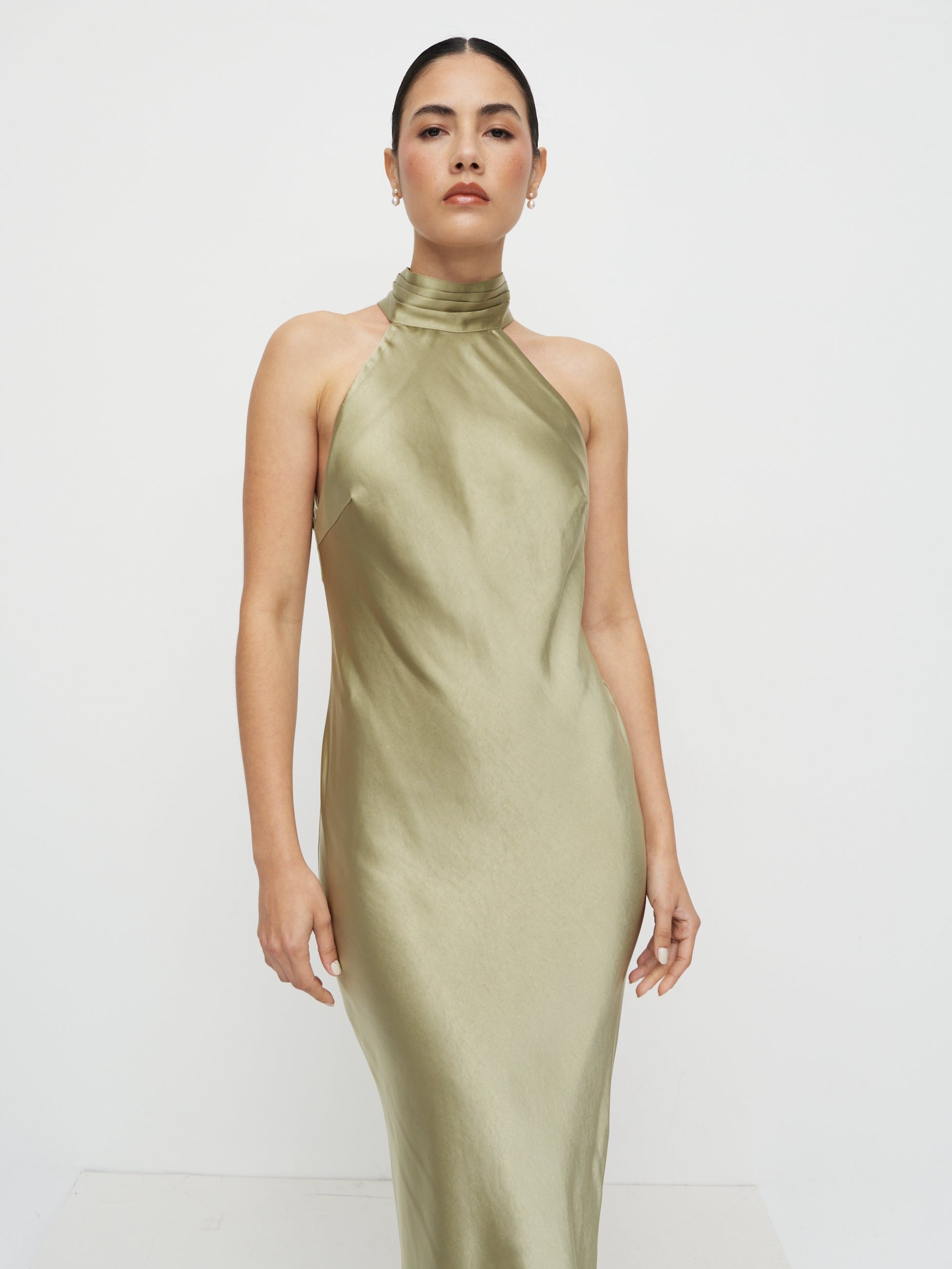 Kiara Satin Maxi Dress - Olive Pretty Lavish Kiara Satin Maxi Dress - Olive Pretty Lavish