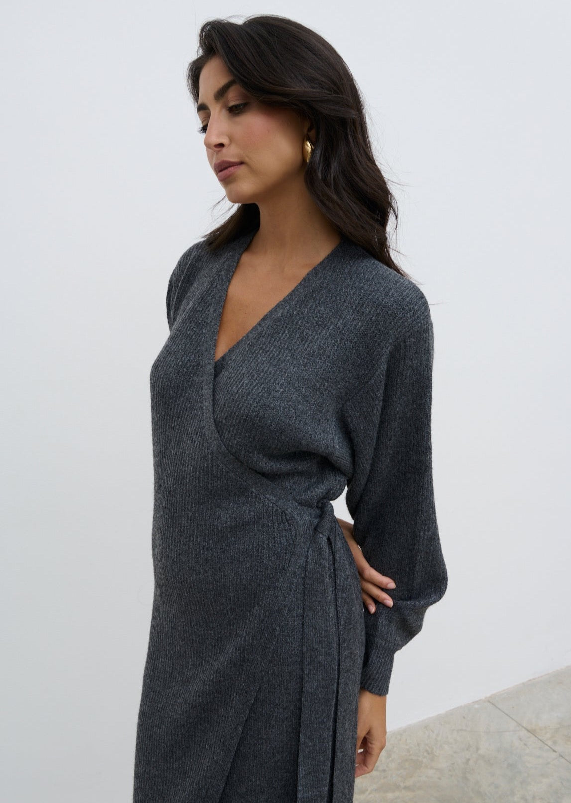 Kinsley Ribbed Wrap Dress - Charcoal Grey