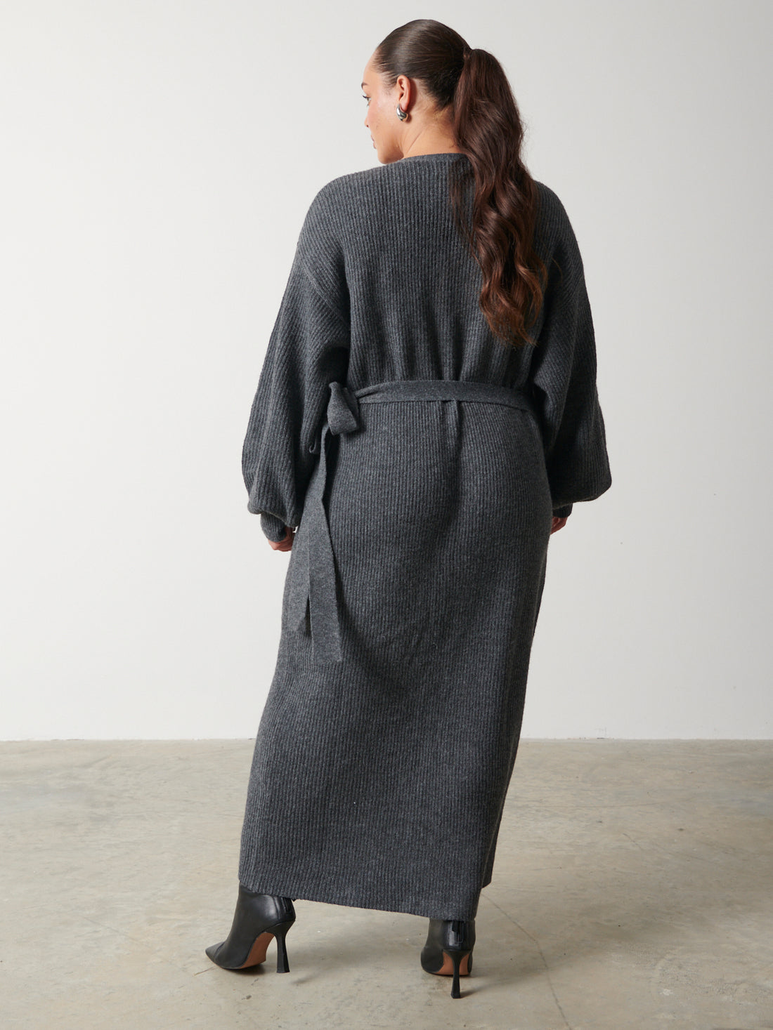 Grey Ribbed Long Sleeve Wrap Dress