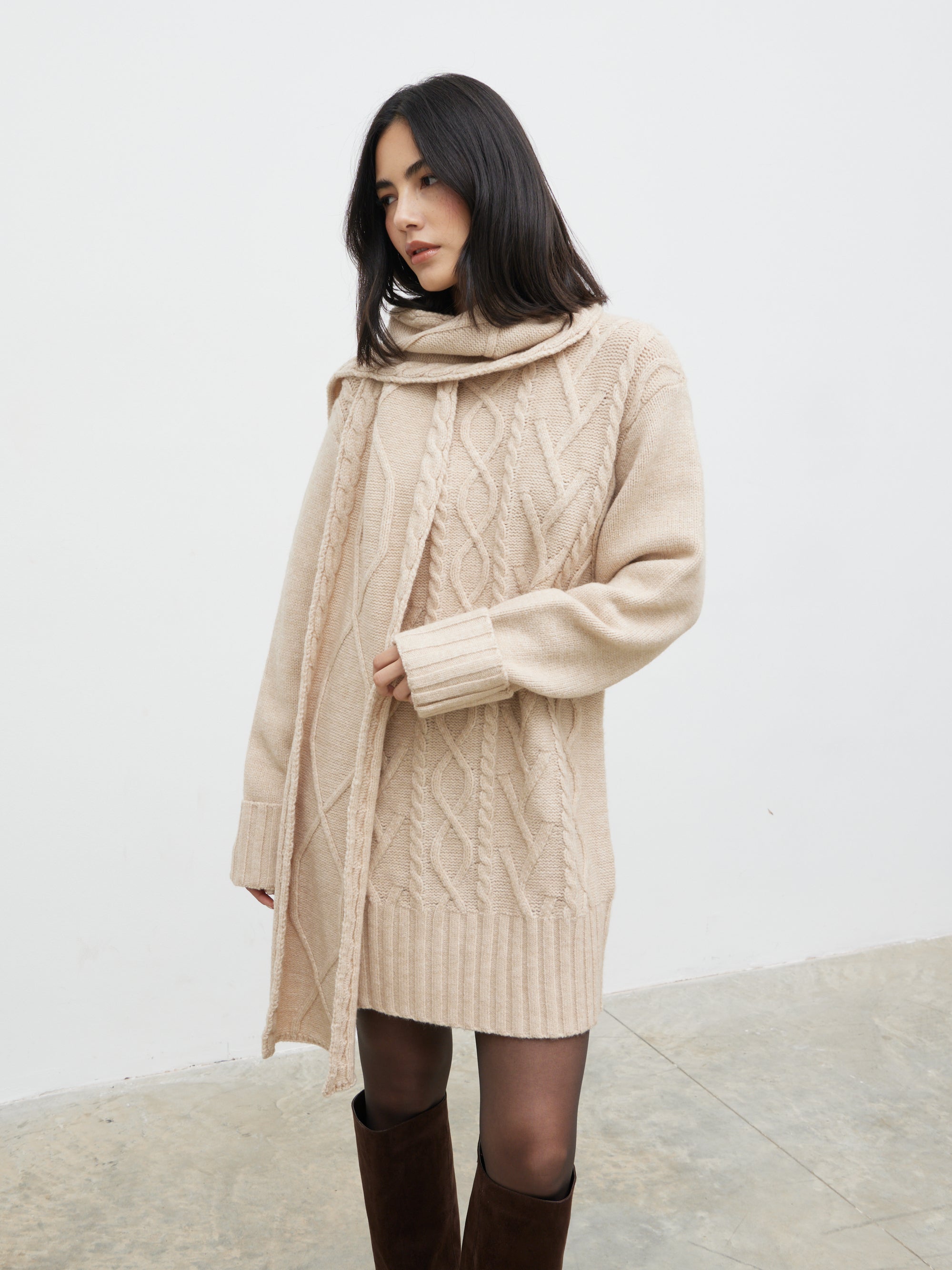 Larna Cable Knit Mini Dress with Scarf - Beige Marl – Pretty Lavish