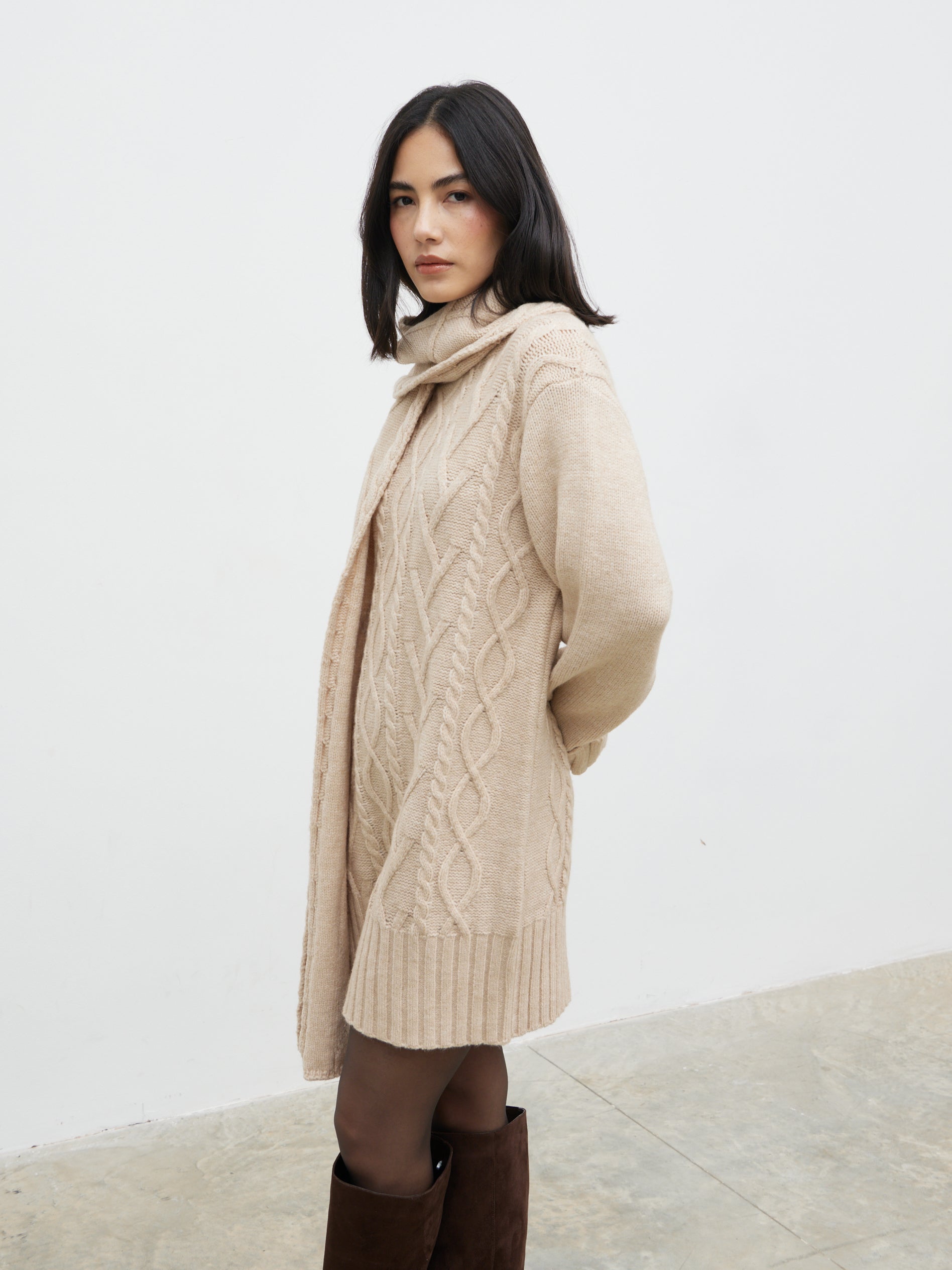 Larna Cable Knit Mini Dress with Scarf - Beige Marl – Pretty Lavish