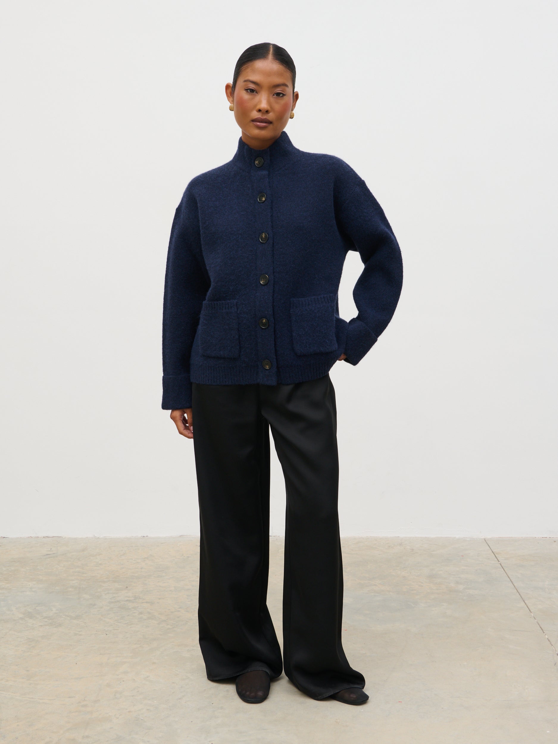 Leighton High Neck Knit Cardigan - Navy Marl – Pretty Lavish