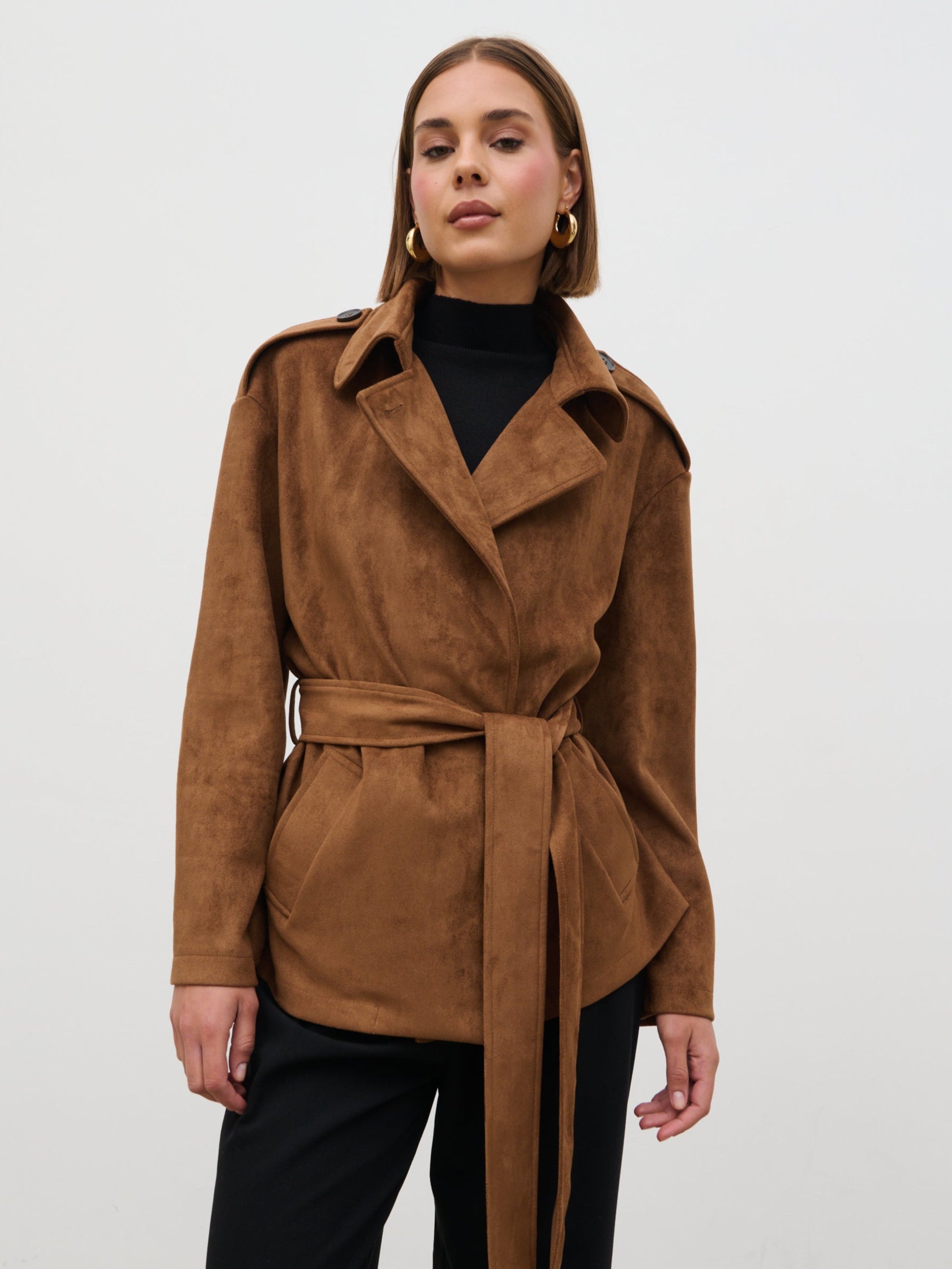 Lennon Faux Suede Tie Waist Jacket Dark Tan – Pretty Lavish