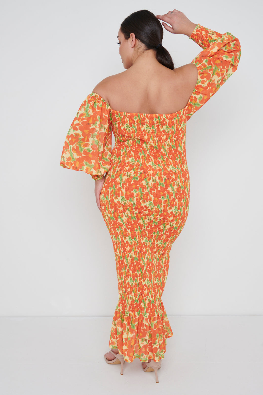 Leona Bardot Shirred Midaxi Dress Curve - Orange and Yellow Floral