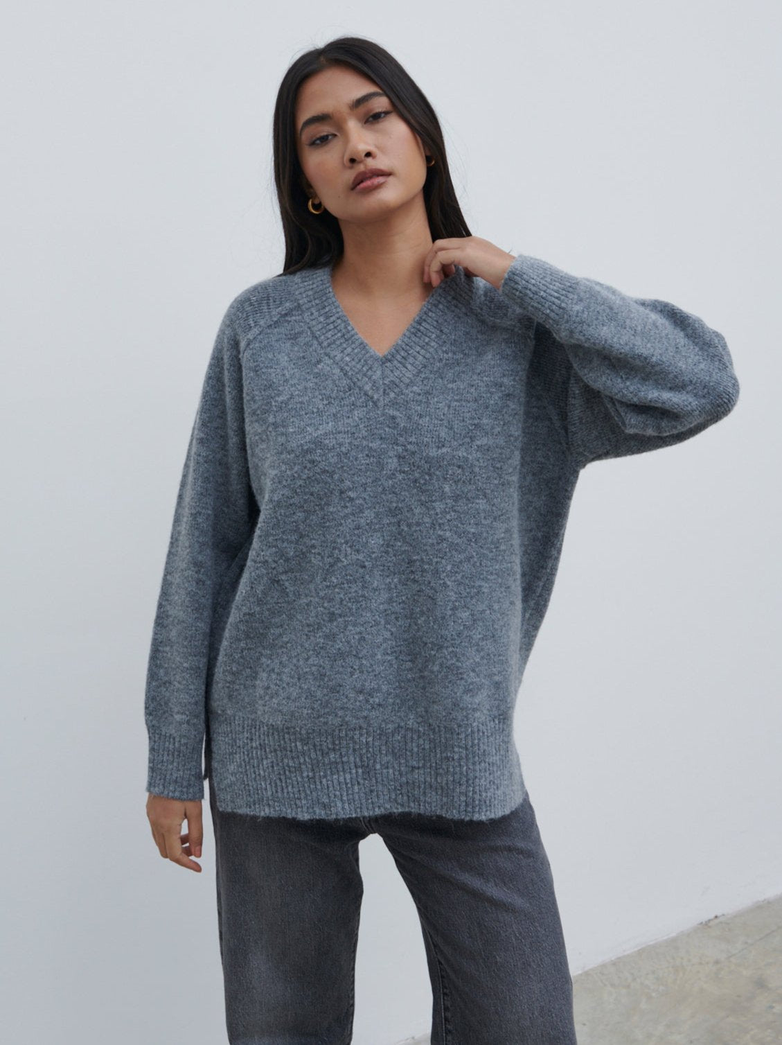 Liberty V Neck Seam Knit Jumper - Charcoal