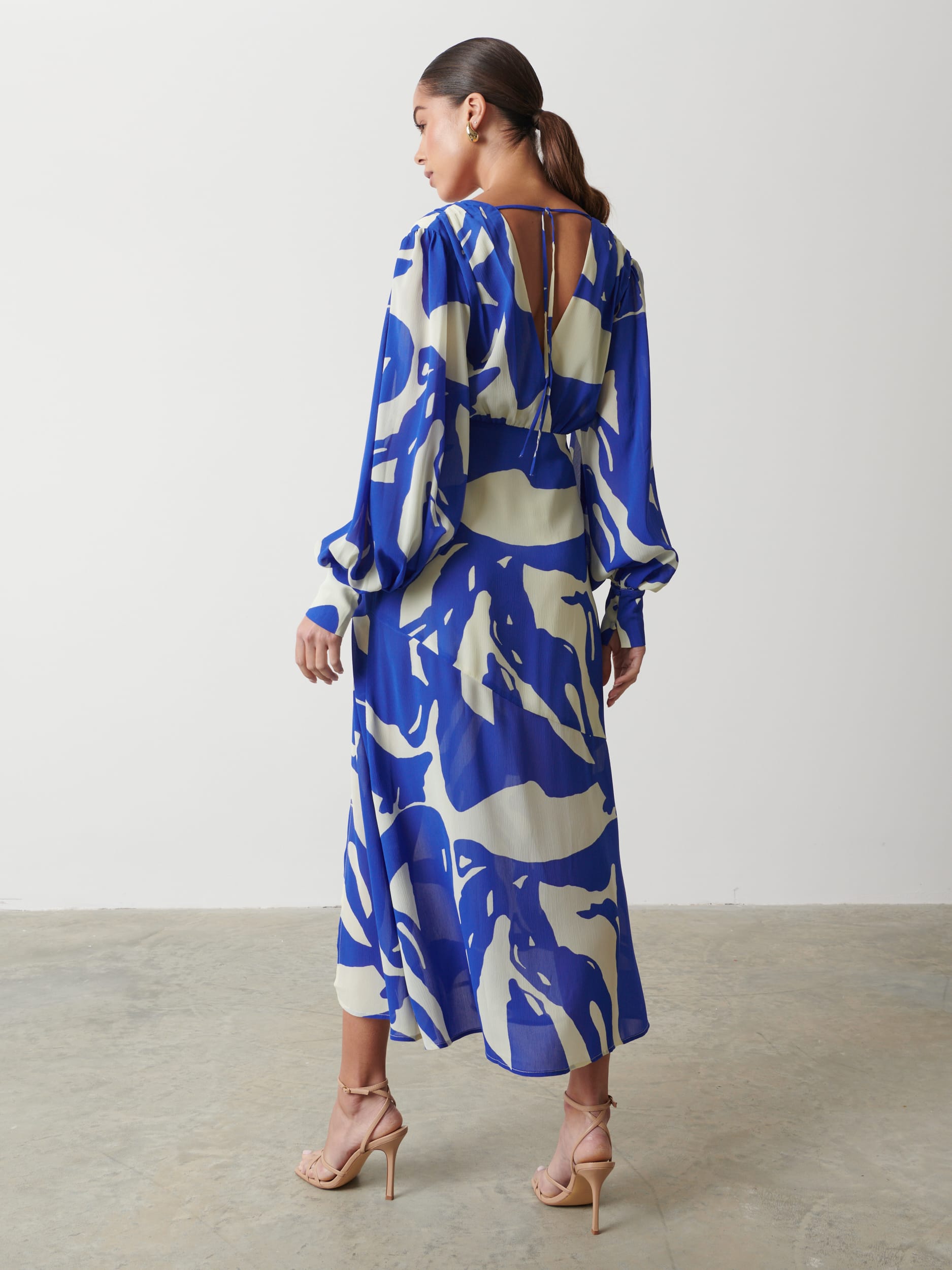 Lilianna Backless Balloon Sleeve Printed Dress - Blue Abstract Pretty Lavish Lilianna Backless Balloon Sleeve Printed Dress - Blue Abstract Pretty Lavish