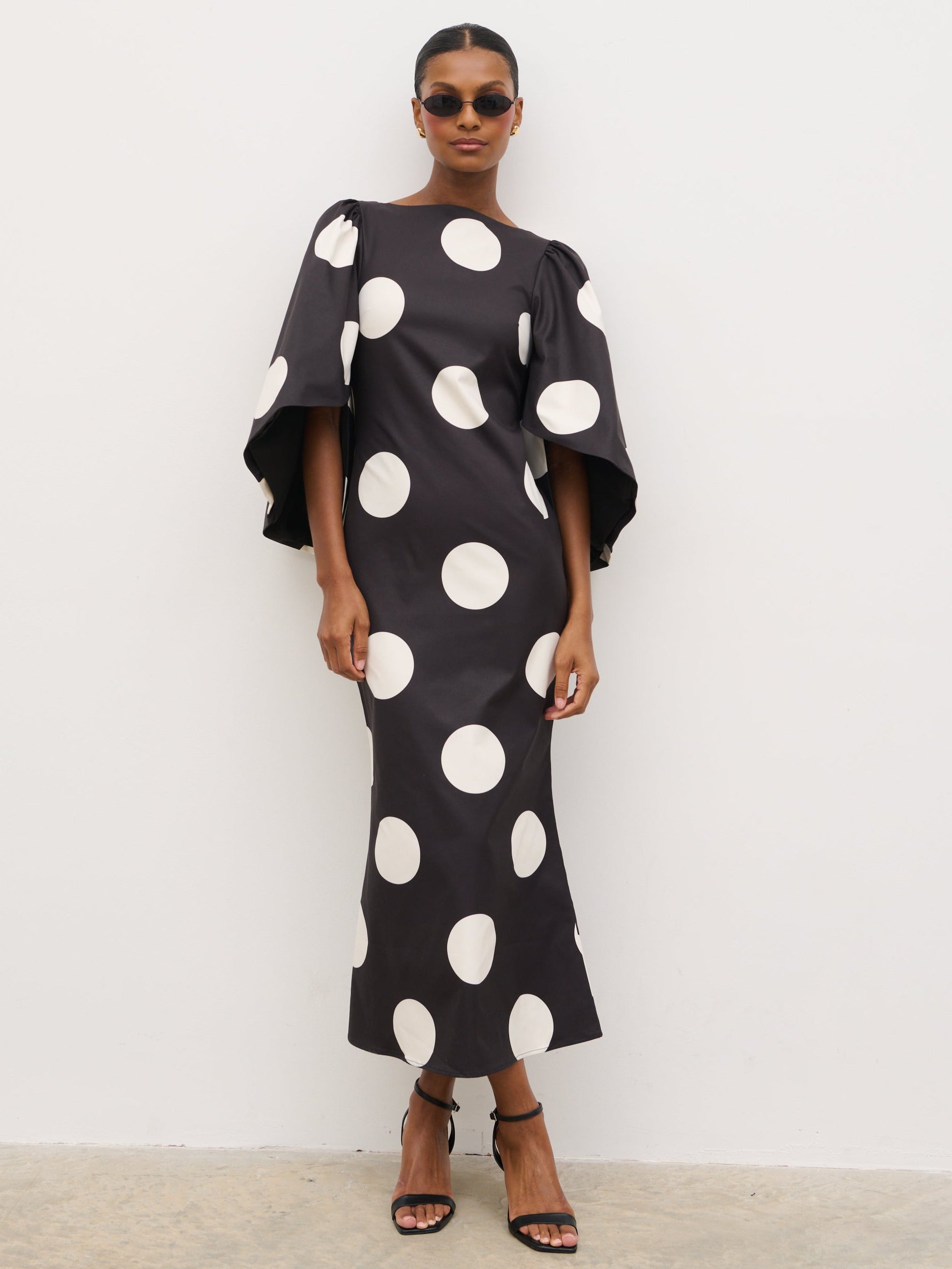 black and cream polka dot dress Liora A-Line Midaxi Dress