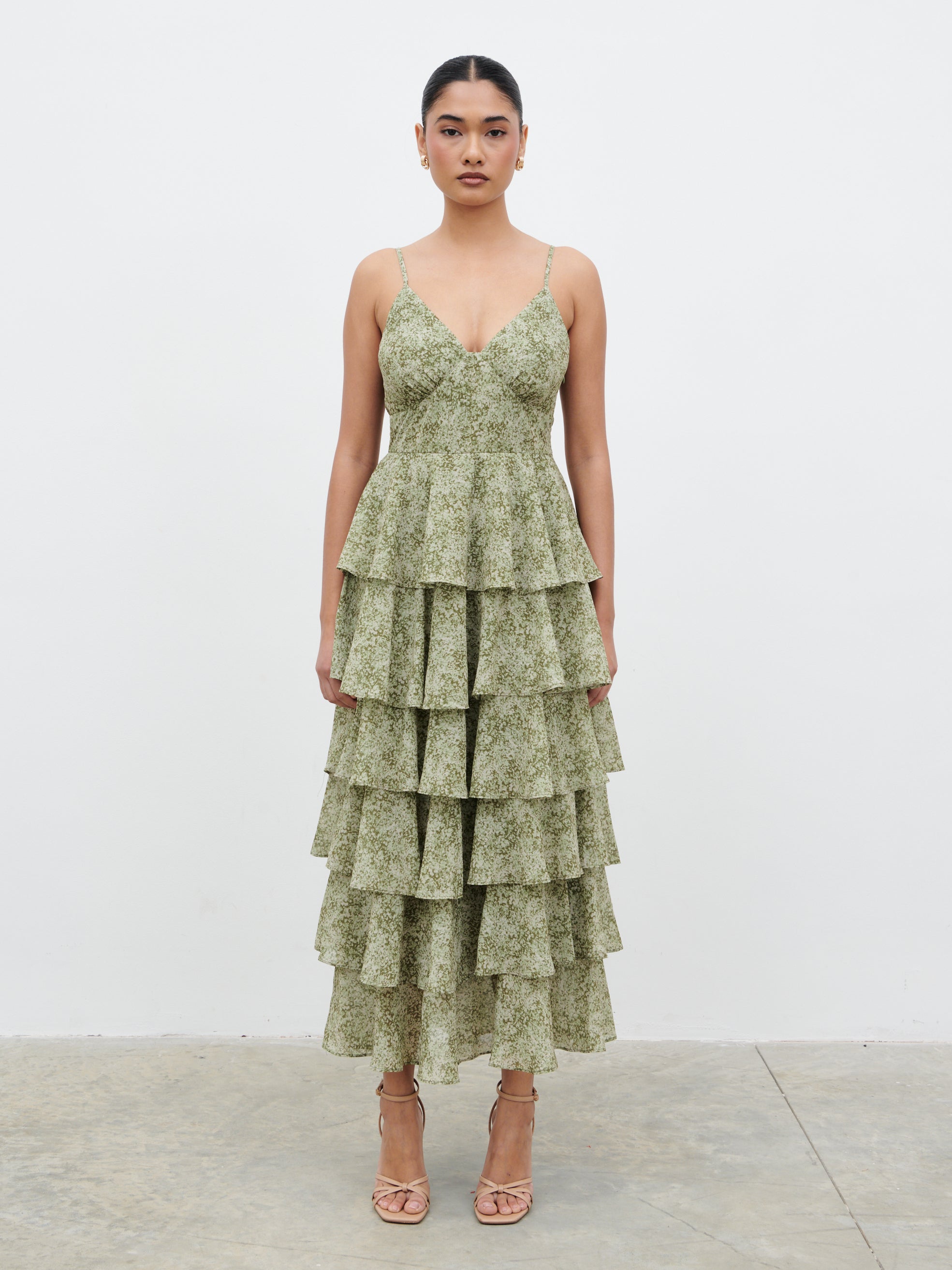 Lissy Ruffle Midaxi Dress - Green Abstract Print – Pretty Lavish
