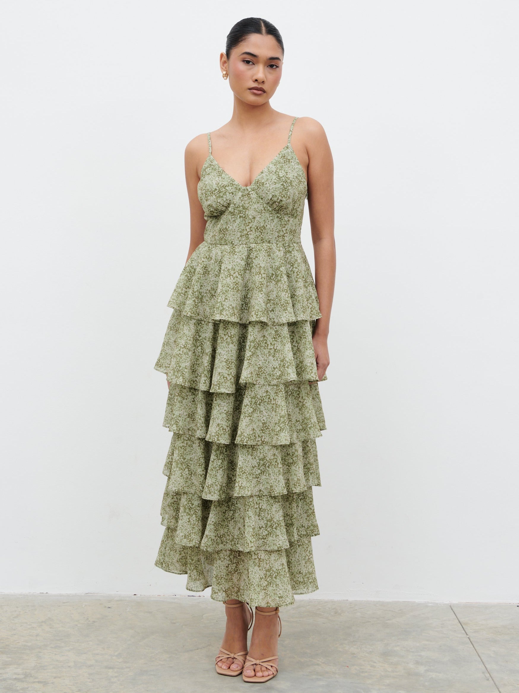 Lissy Ruffle Midaxi Dress - Green Abstract Print – Pretty Lavish