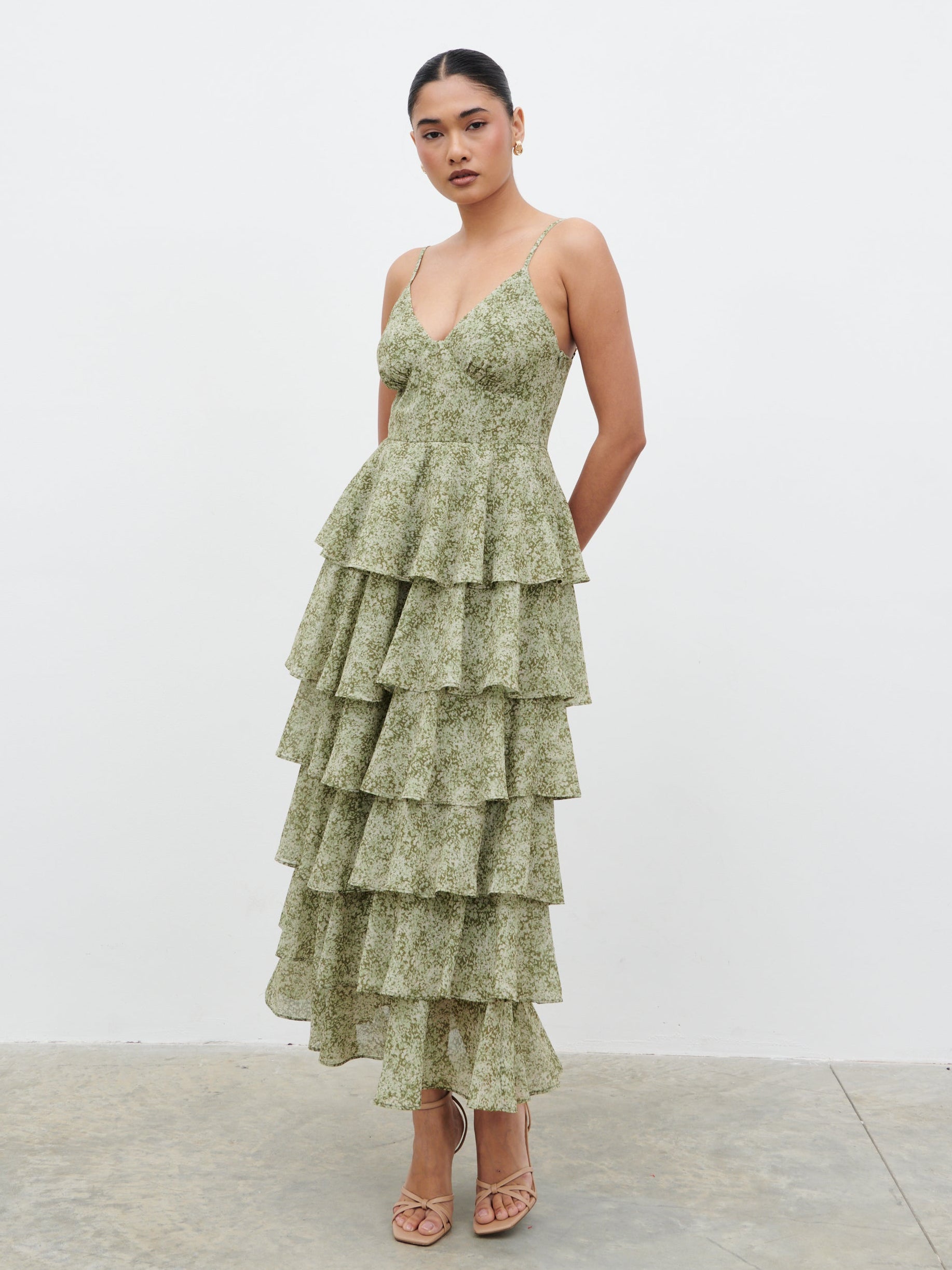 Lissy Ruffle Midaxi Dress - Green Abstract Print – Pretty Lavish