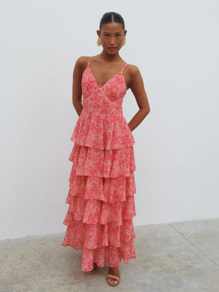 Lissy Ruffle Midaxi Dress - Pink Multi Abstract Print – Pretty Lavish
