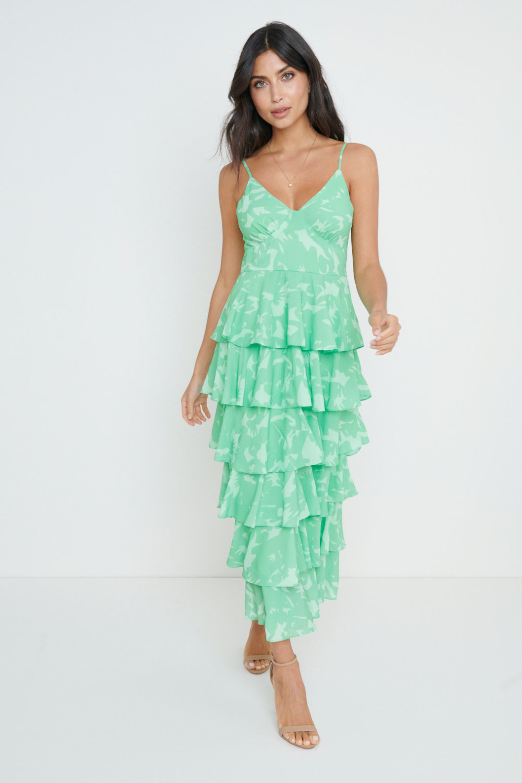 Lissy Ruffle Midaxi Dress - Green Floral Pretty Lavish Lissy Ruffle Midaxi Dress - Green Floral Pretty Lavish