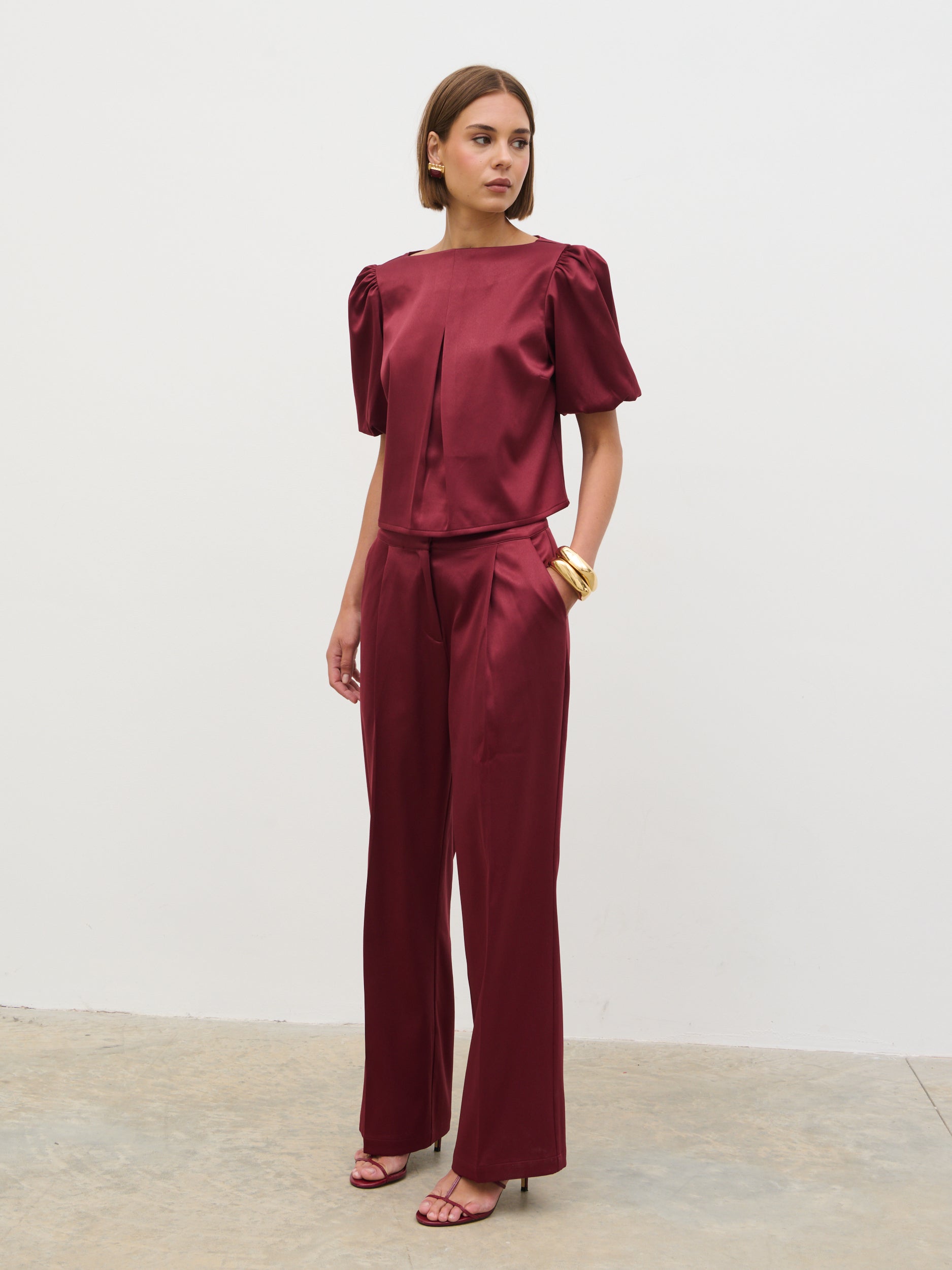 Lorah Wide Leg Bonded Satin Trousers Wine Pretty Lavish Lorah Wide Leg Bonded Satin Trousers Wine Pretty Lavish