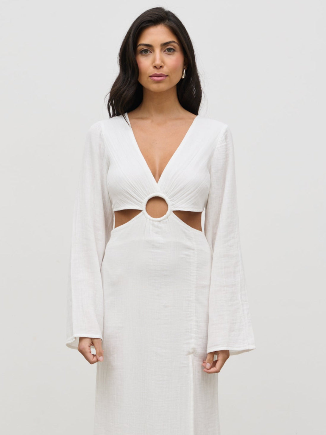 cut out ring dress Sleeveless Textured Ring Detail Cut Out Maxi Dress In Brown Slinky | EGO US