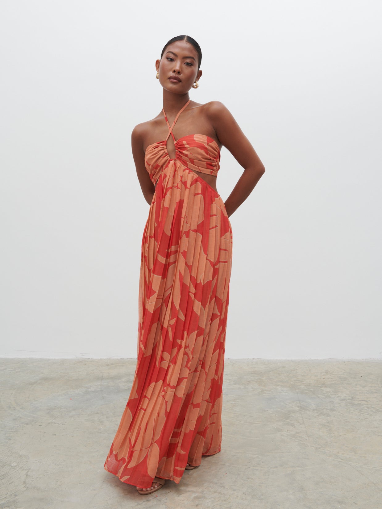 Lucie Cut Out Maxi Dress - Red and Beige Floral