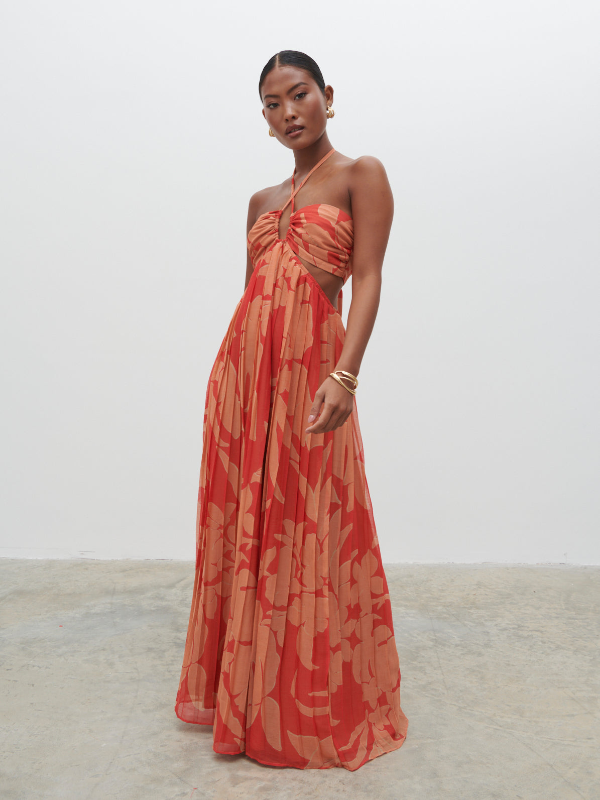 Lucie Cut Out Maxi Dress - Red and Beige Floral