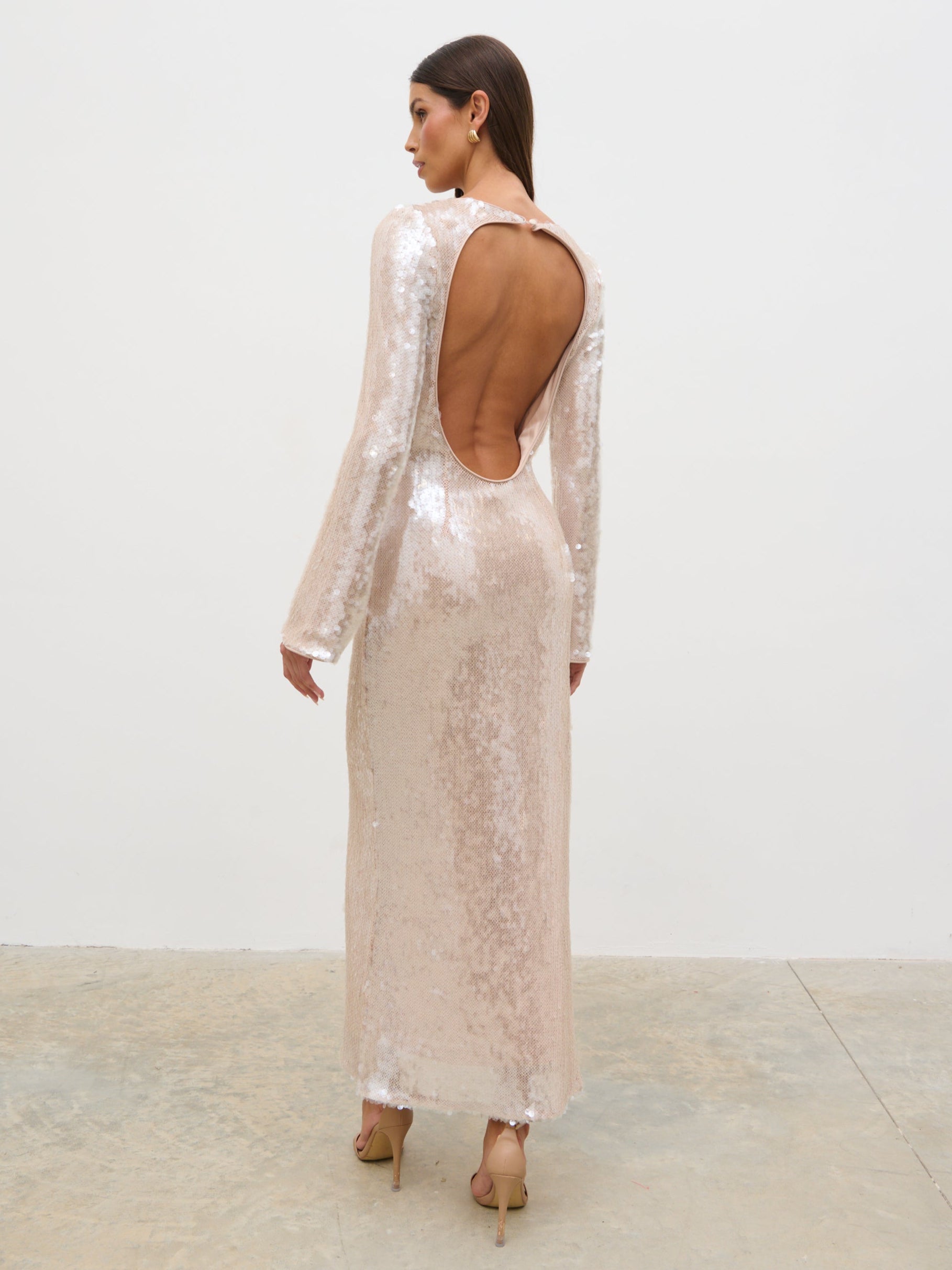 Lyra Long Sleeve Sequin Midaxi Dress - Oyster Pretty Lavish Lyra Long Sleeve Sequin Midaxi Dress - Oyster Pretty Lavish