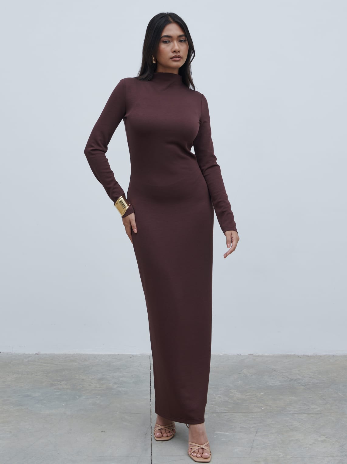 Mabel High Neck Jersey Maxi Dress - Brown Mabel High Neck Jersey Maxi Dress - Brown