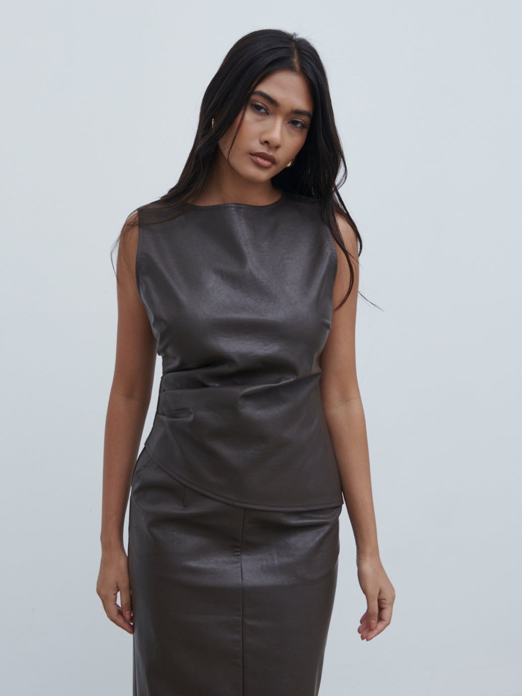 Maeve High Neck Faux Leather Top - Dark Chocolate Brown Pretty Lavish Maeve High Neck Faux Leather Top - Dark Chocolate Brown Pretty Lavish