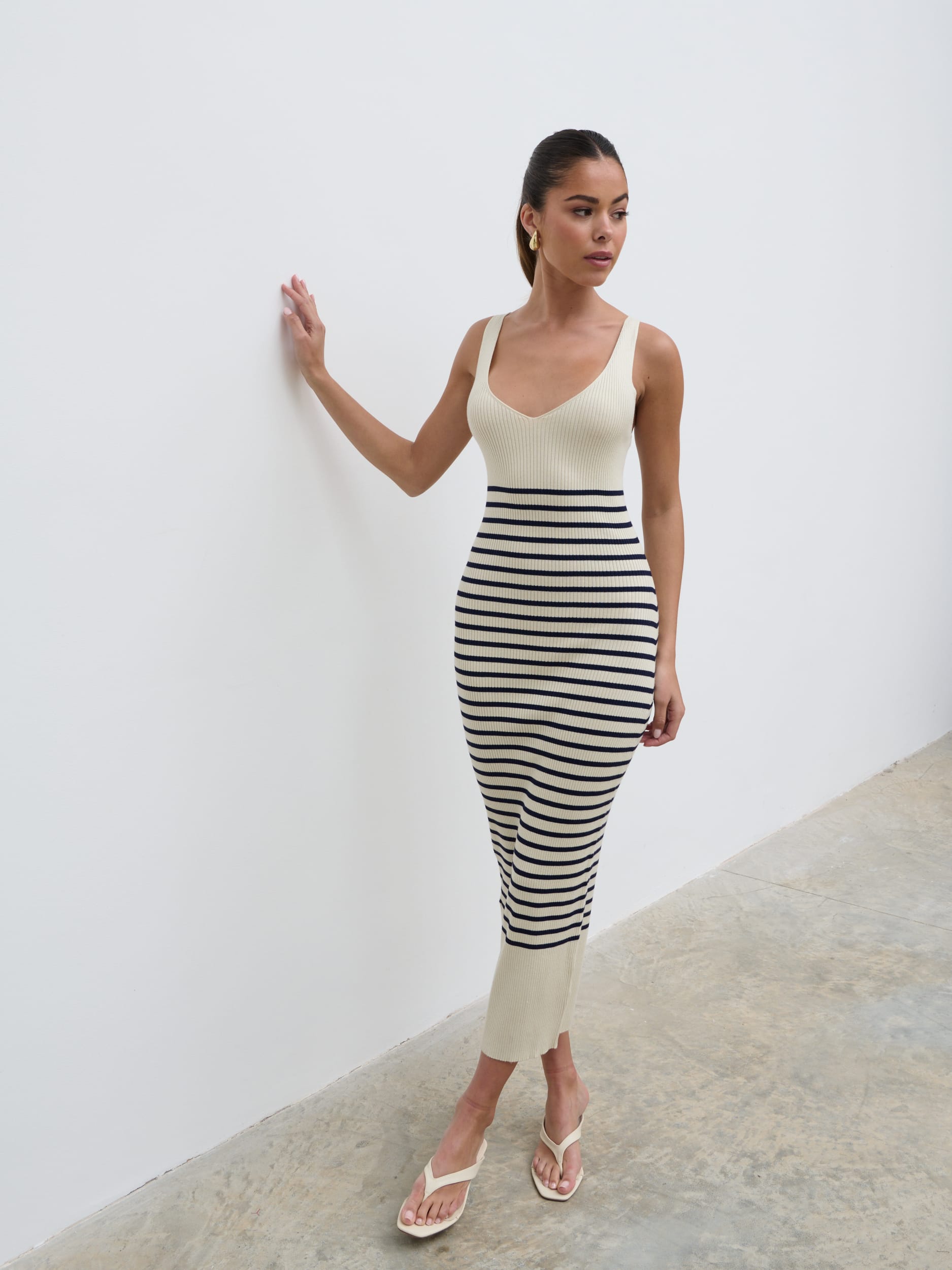 Maria Stripe Knit Midaxi Dress - Cream and Navy Pretty Lavish Maria Stripe Knit Midaxi Dress - Cream and Navy Pretty Lavish