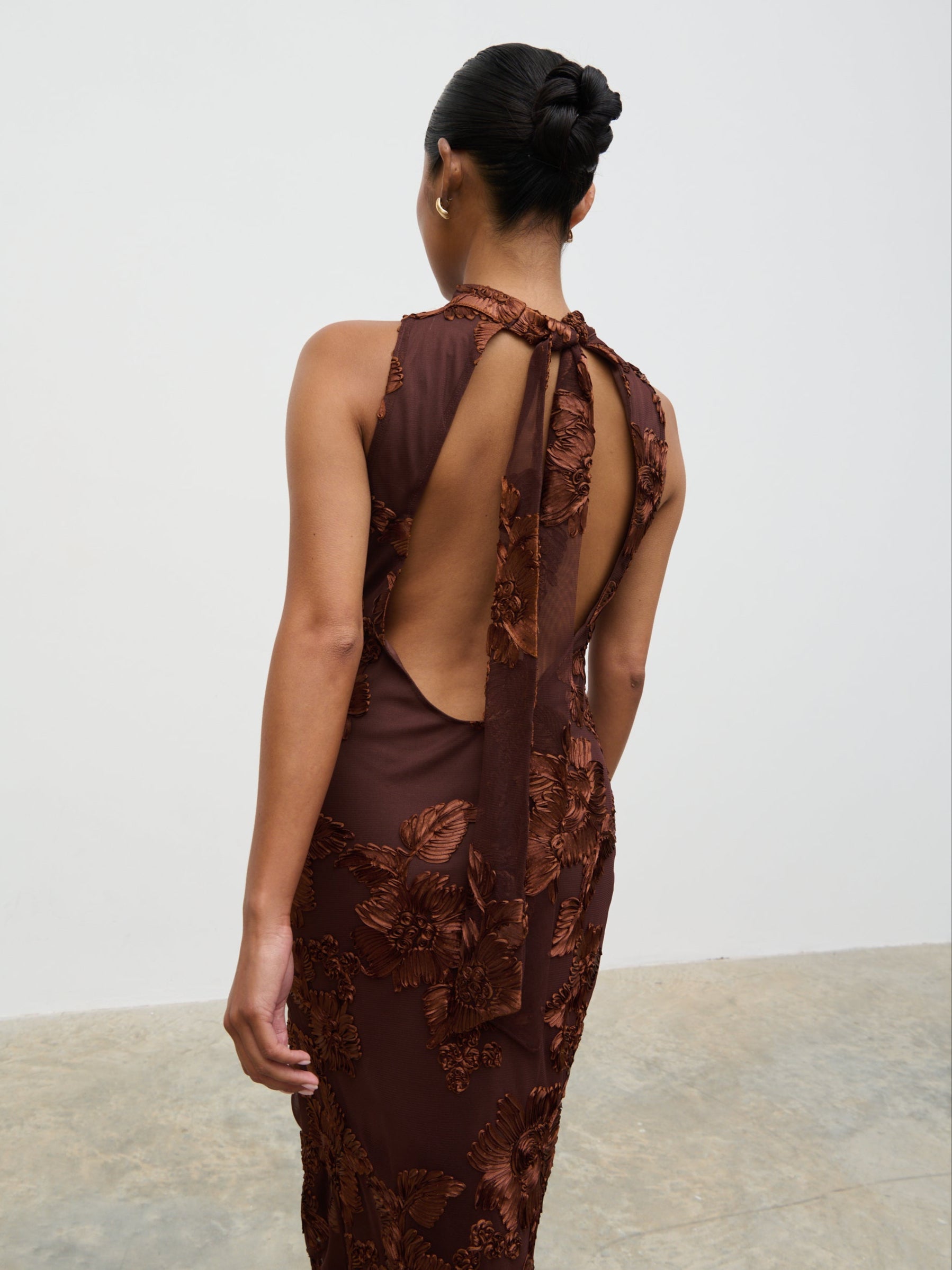 Meg Racer Midaxi Dress - Chocolate Jacquard Floral Pretty Lavish Meg Racer Midaxi Dress - Chocolate Jacquard Floral Pretty Lavish