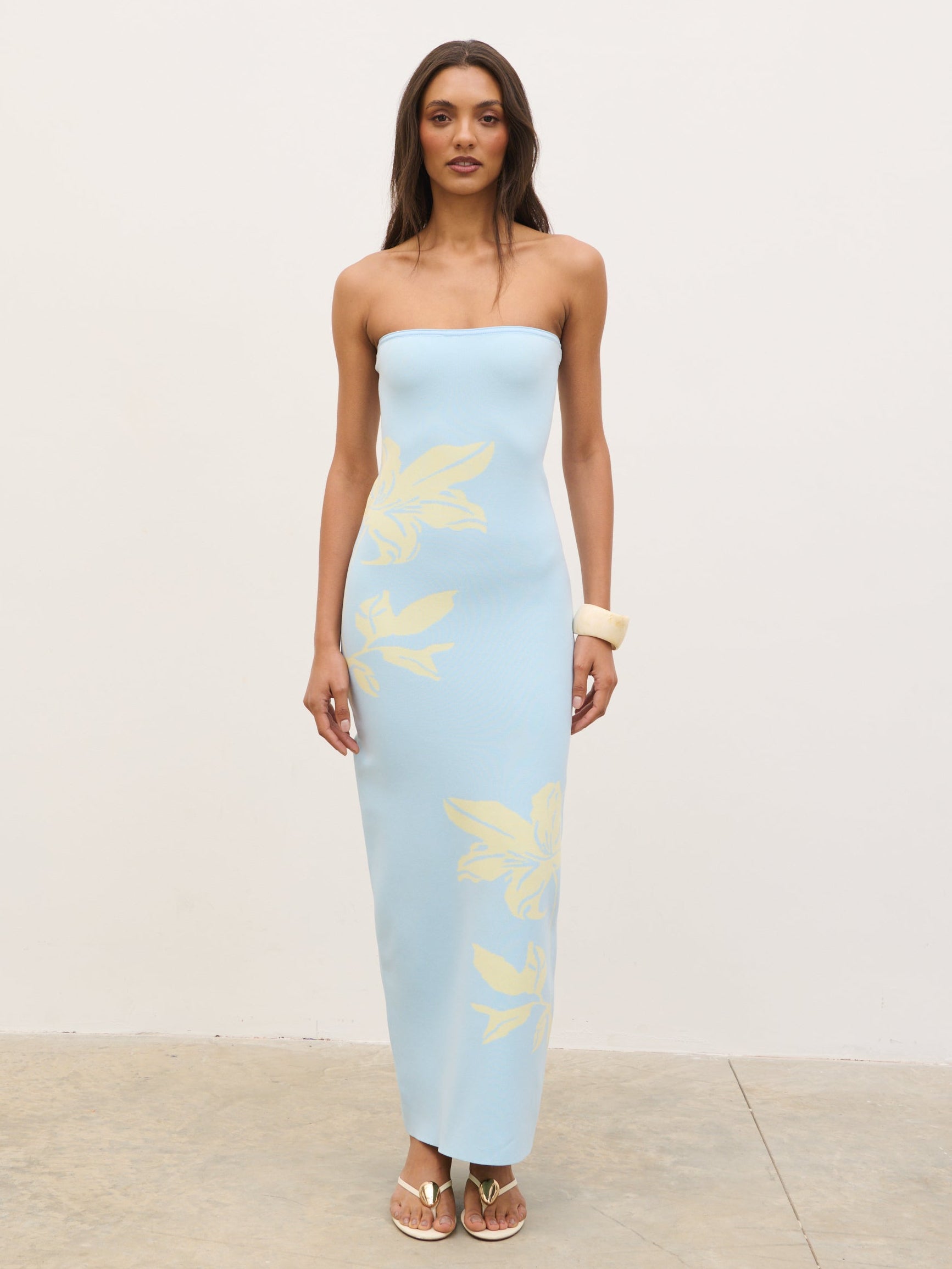 Milena Floral Bandeau Knit Maxi Dress - Blue and Lemon Pretty Lavish Milena Floral Bandeau Knit Maxi Dress - Blue and Lemon Pretty Lavish
