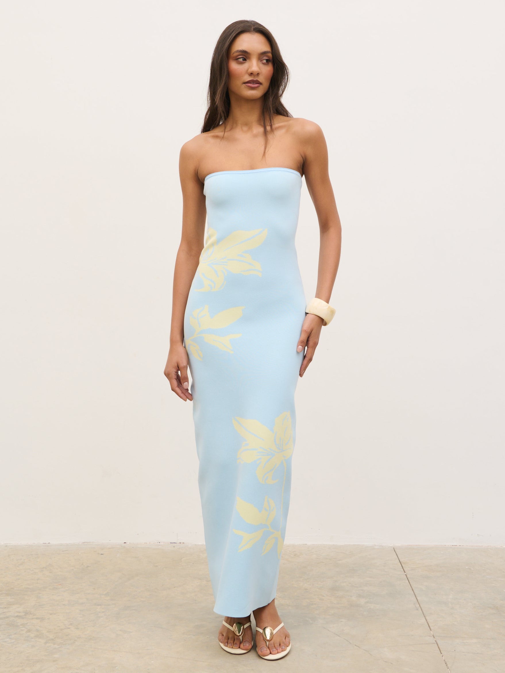 Milena Floral Bandeau Knit Maxi Dress - Blue and Lemon Milena Floral Bandeau Knit Maxi Dress - Blue and Lemon