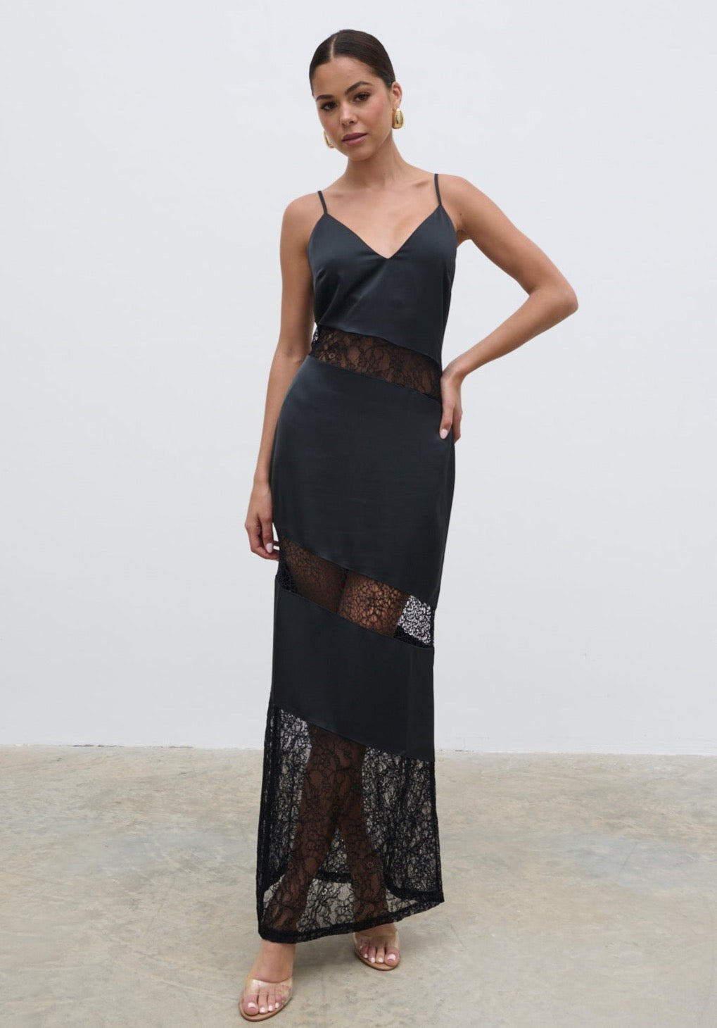 Monique Lace Inserted Slip Dress - Black