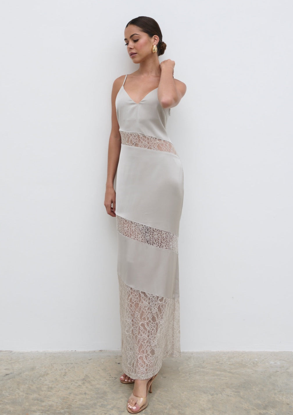 Monique Lace Inserted Slip Dress - Stone Pretty Lavish Monique Lace Inserted Slip Dress - Stone Pretty Lavish