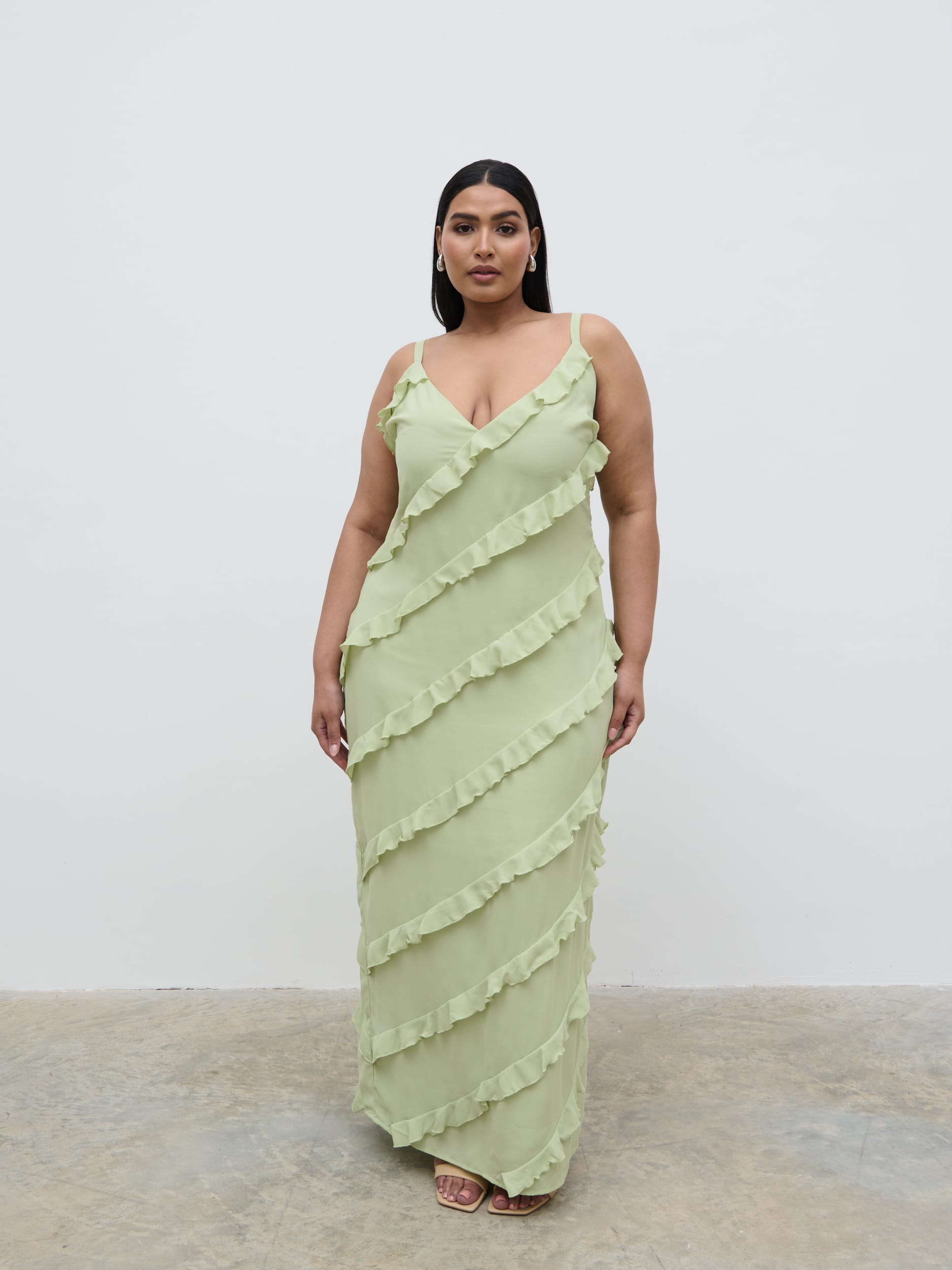nadia ruched fishtail maxi dress pistachio Women's Nadia Ruched Fishtail Maxi Dress Alorar