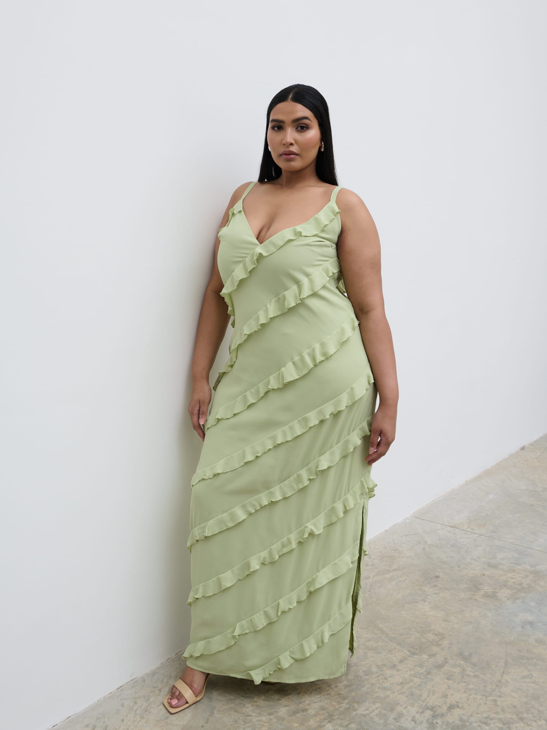 Nadine Ruffle Maxi Dress Curve - Pistachio Pretty Lavish Nadine Ruffle Maxi Dress Curve - Pistachio Pretty Lavish