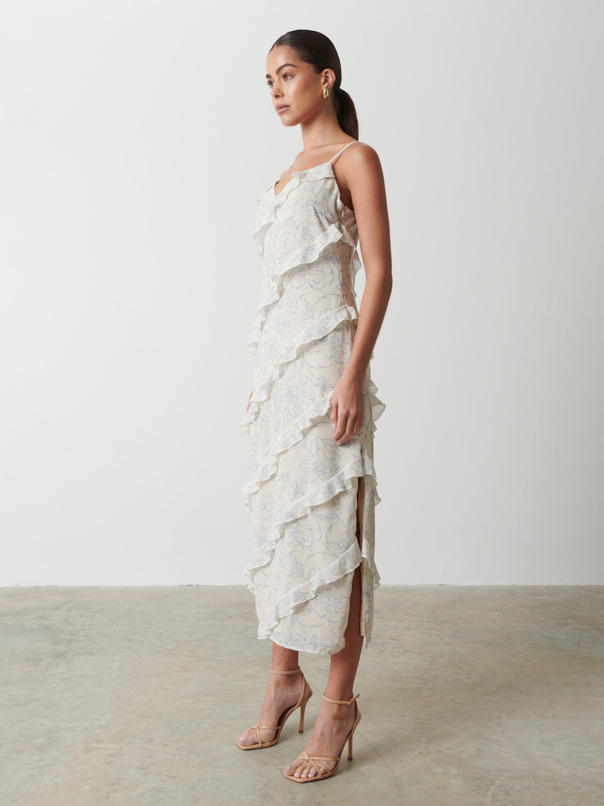 Nadine Ruffle Printed Midaxi Dress - Peony Abstract Floral Print