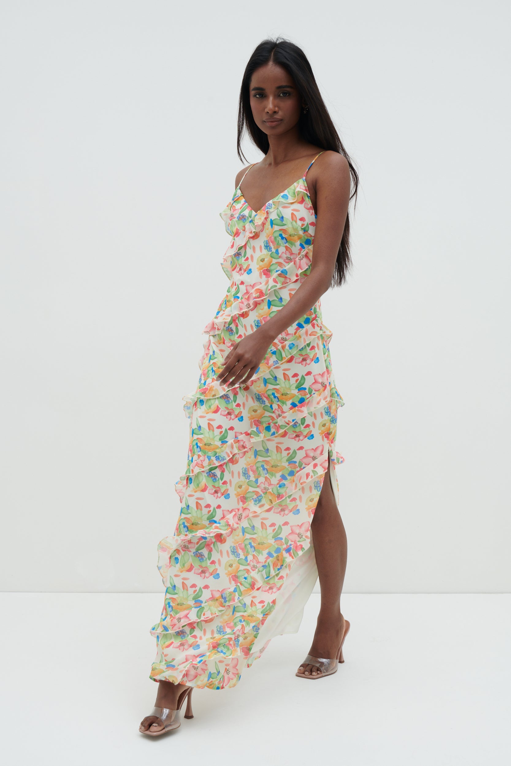 FANDEE Women's Off The Shoulder Ruffle Maxi Dress - Floral Print Beach Vacation Long Dress With Waist Tie
