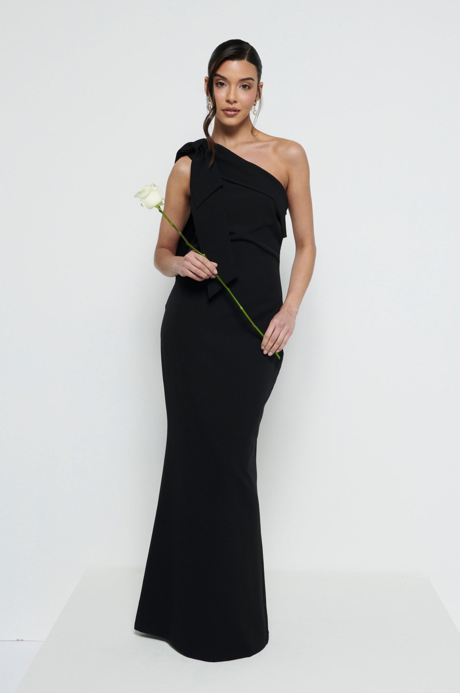 black one shoulder bridesmaid dress Nevaeh One Shoulder Crepe Maxi Bridesmaid Dress