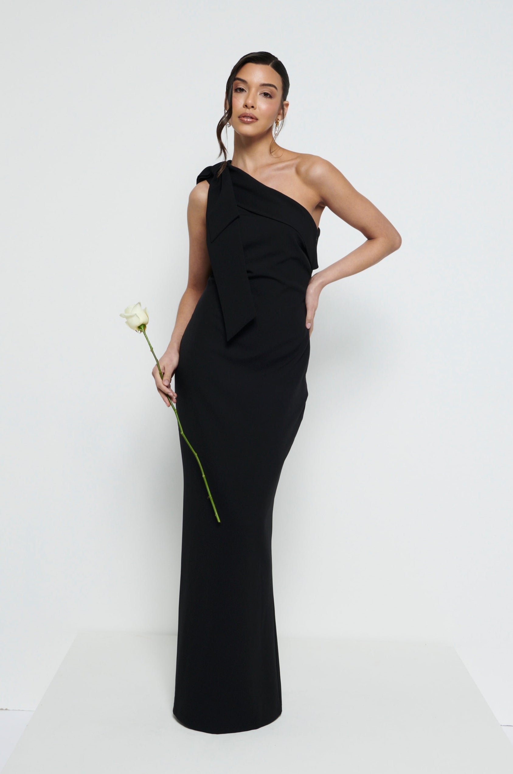 Nevaeh One Shoulder Crepe Maxi Bridesmaid Dress - Black