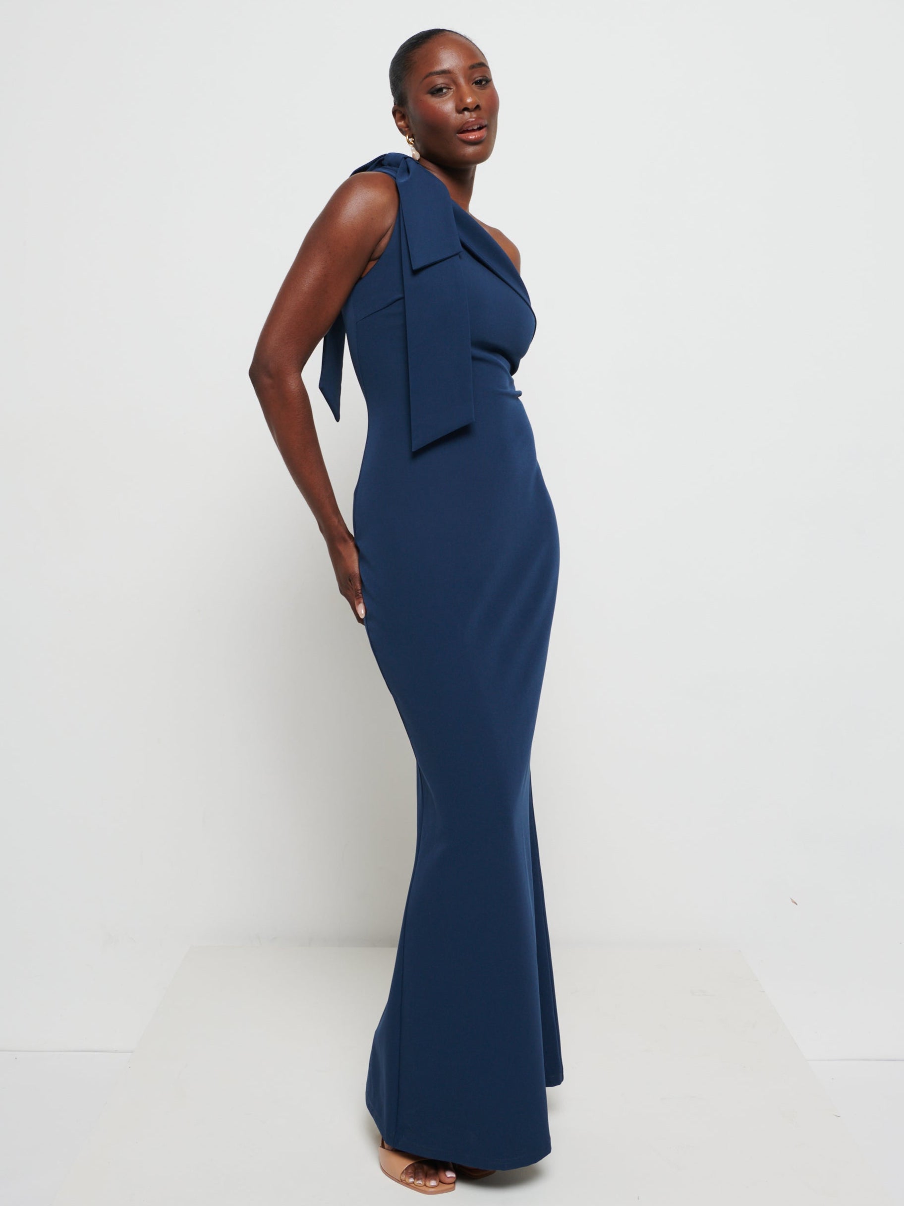 strapless open back dress One Shoulder Chiffon Maxi Bridesmaid Dress Navy – Krisp main image 0