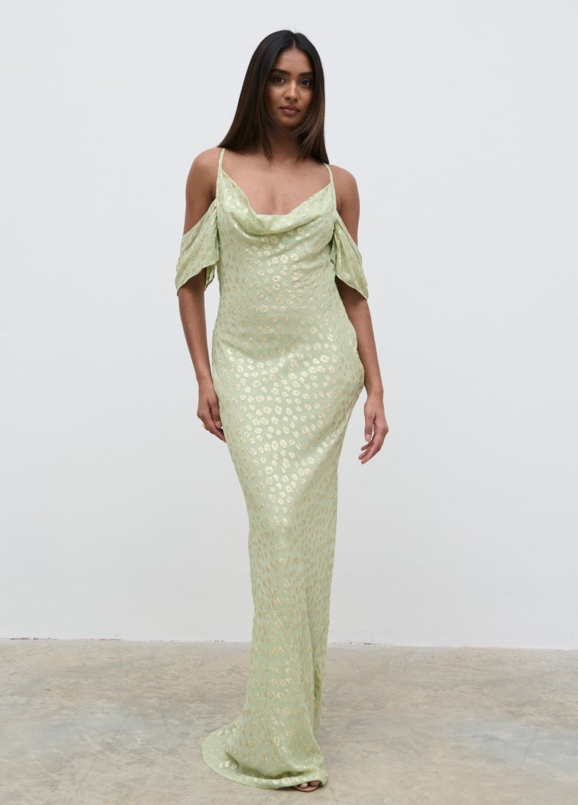 Nia Cold Shoulder Maxi Dress - Pistachio Metallic